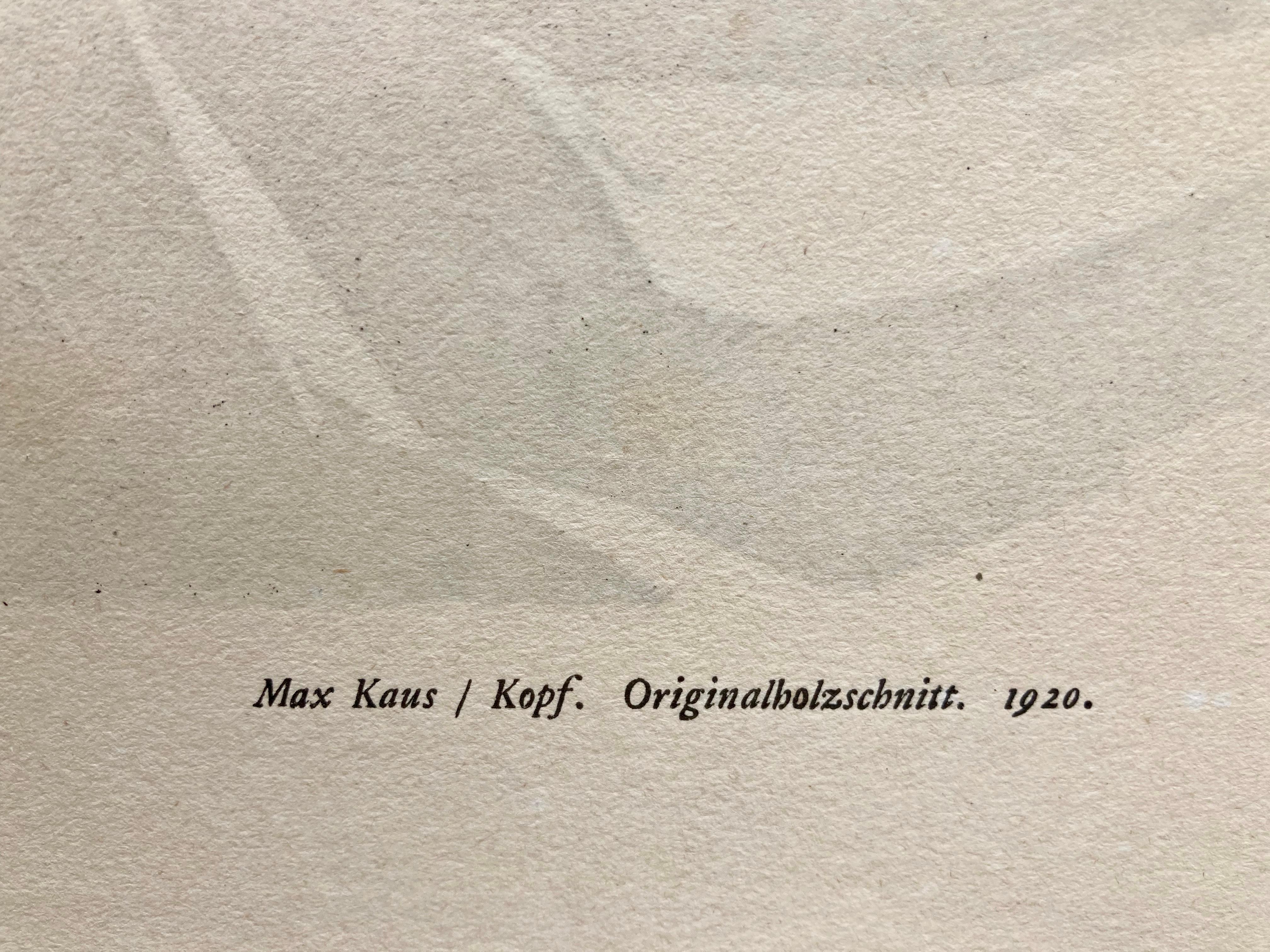 MAX KAUS (German 1891-1977)

KOPF (Head( (Rifkind 1387)
Woodcut, unsigned, monogram in block. As issued as plate 1 from “Genius” Zeitschrift für werdende und alte Kunst, vol. 2, no. 2, Kurt Wolff Verlag Munich. Image, 11 3/8 x 8 inches, sheet 13 5/8