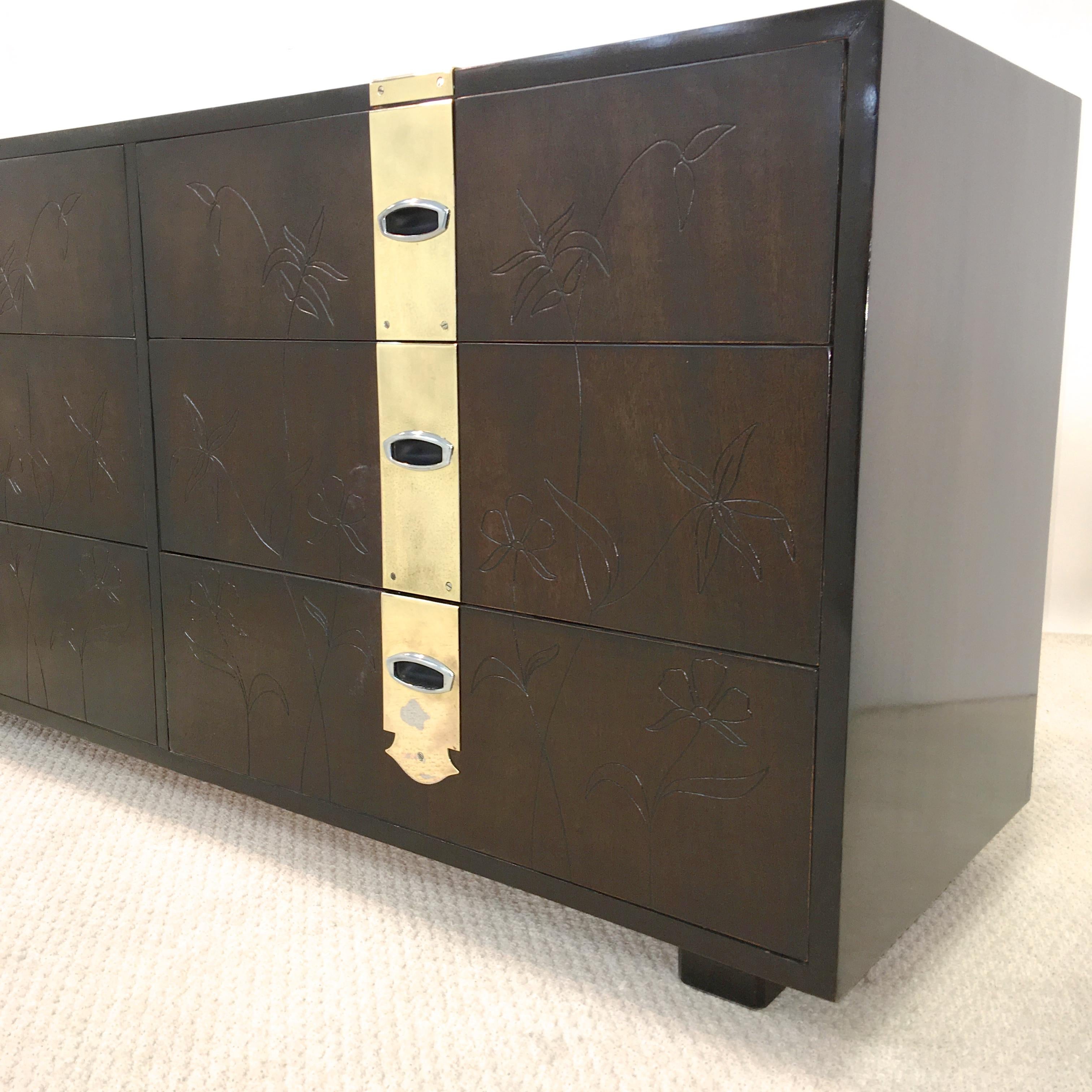 Max Keuhne Style Chest of Drawers with Incised Flowers and Brass Strapping For Sale 2