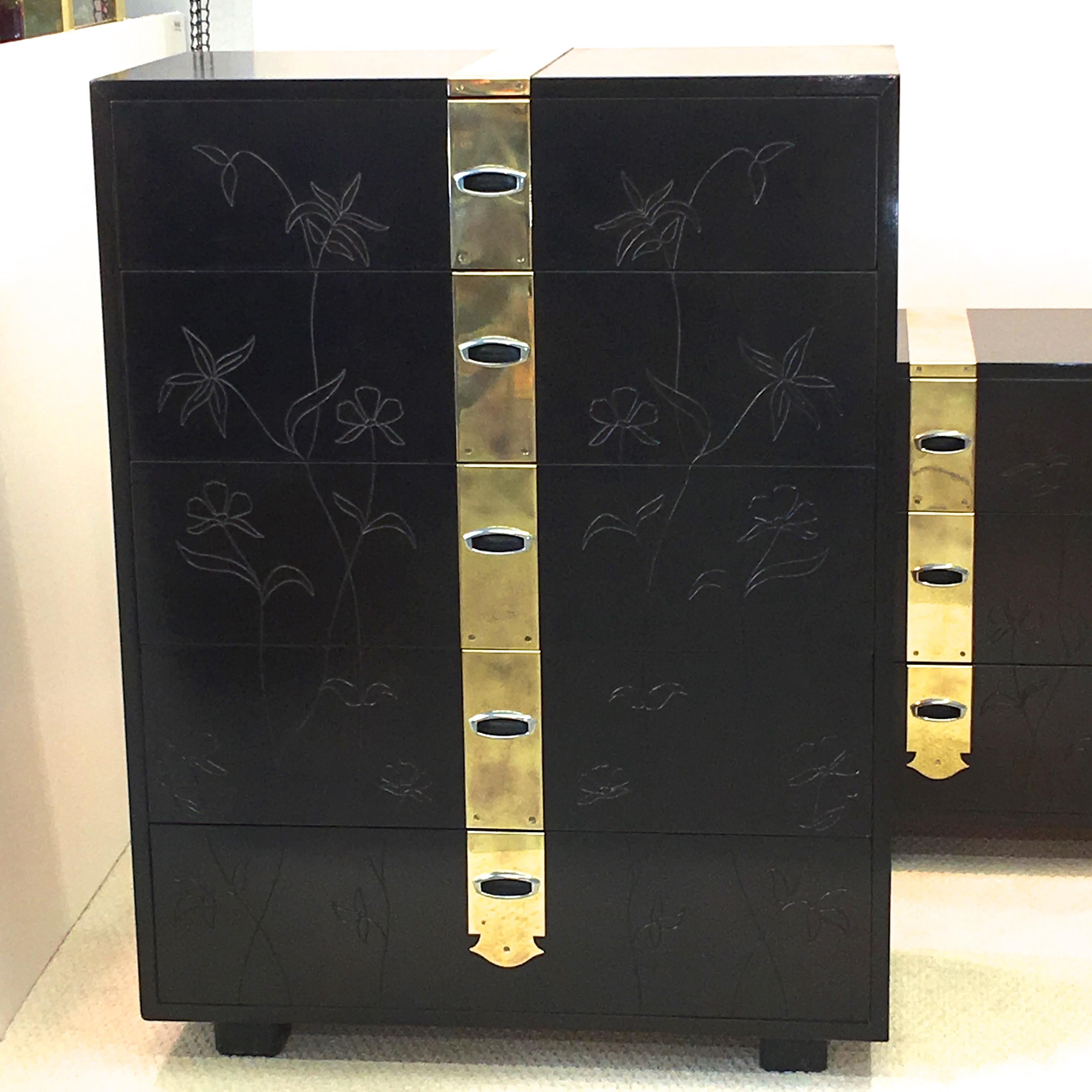 Max Keuhne Style Chest of Drawers with Incised Flowers and Brass Strapping For Sale 5