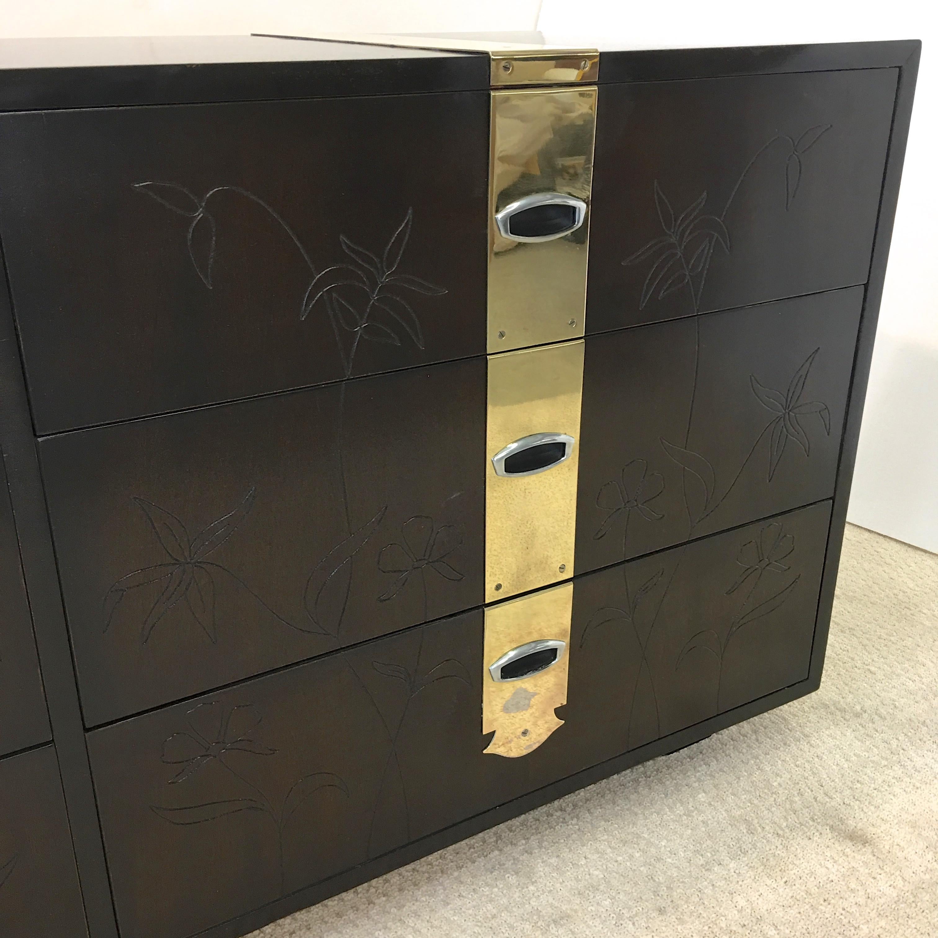 American Max Keuhne Style Chest of Drawers with Incised Flowers and Brass Strapping For Sale
