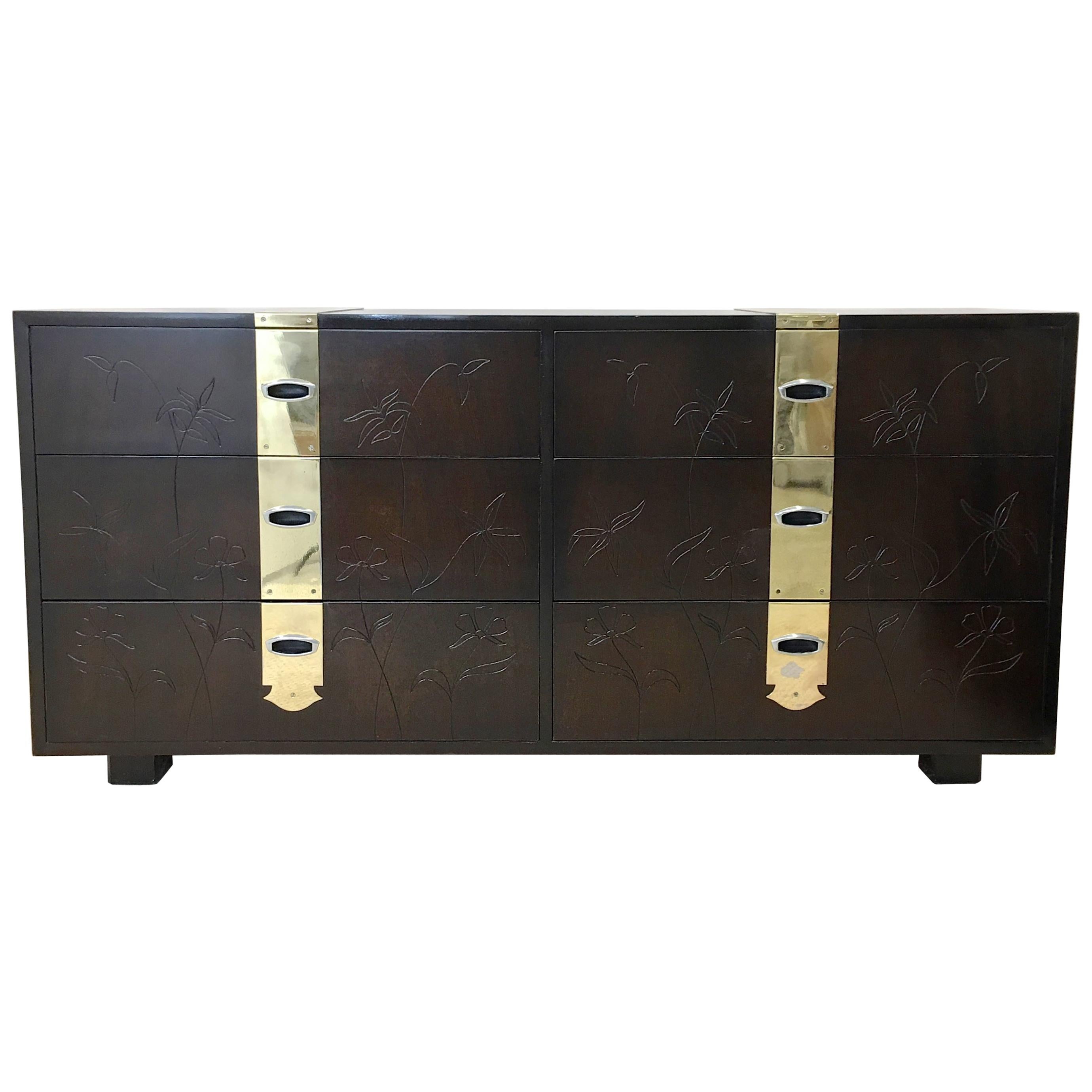 Max Keuhne Style Chest of Drawers with Incised Flowers and Brass Strapping For Sale