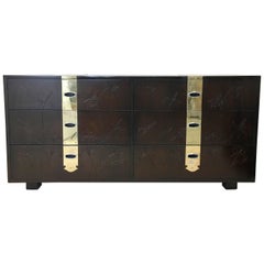 Max Keuhne Style Chest of Drawers with Incised Flowers and Brass Strapping