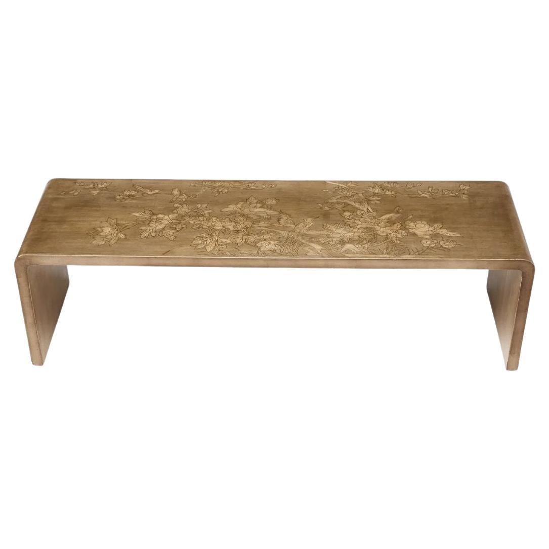 Max Keuhne Style Silver Leaf Waterfall Table With Etched Design en venta
