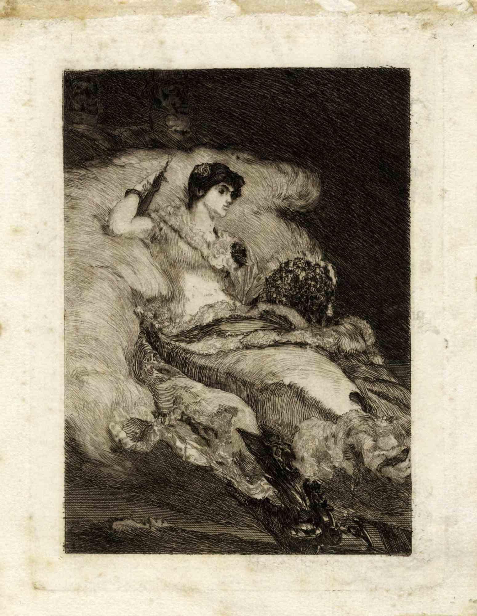 Seltene Radierung von Max Klinger aus dem Jahr 1884.

II Zustand am 2.

Abmessungen des Bildes: 13,9x19 cm.

Sehr guter Zustand mit Ausnahme einiger diffuser Stockflecken in den Rändern.

Referenz Singer, 284.

