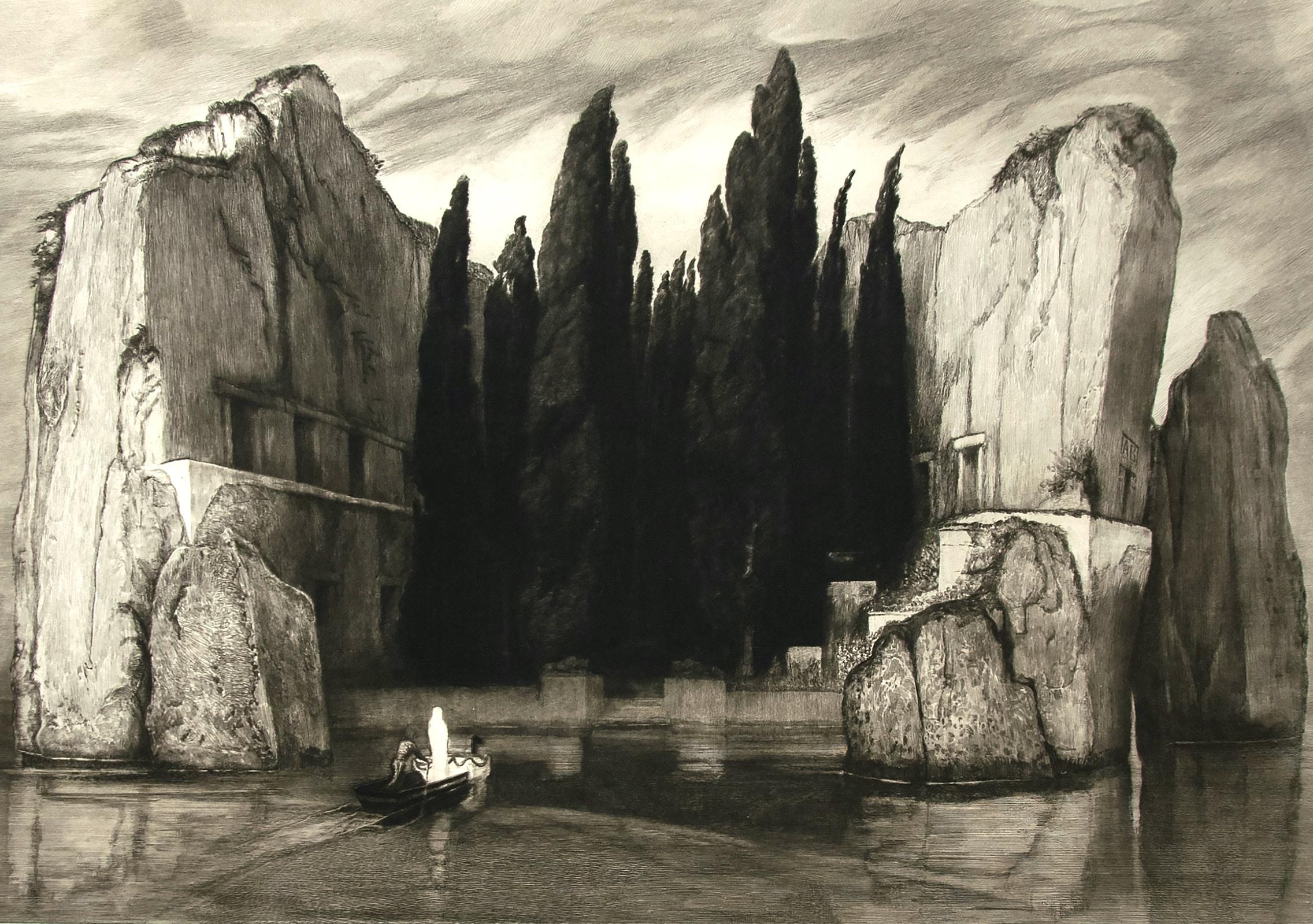 Max Klinger Landscape Print - Die Toteninsel (The Isle of the Dead) - by M. Klinger after A. Bocklin - 1890