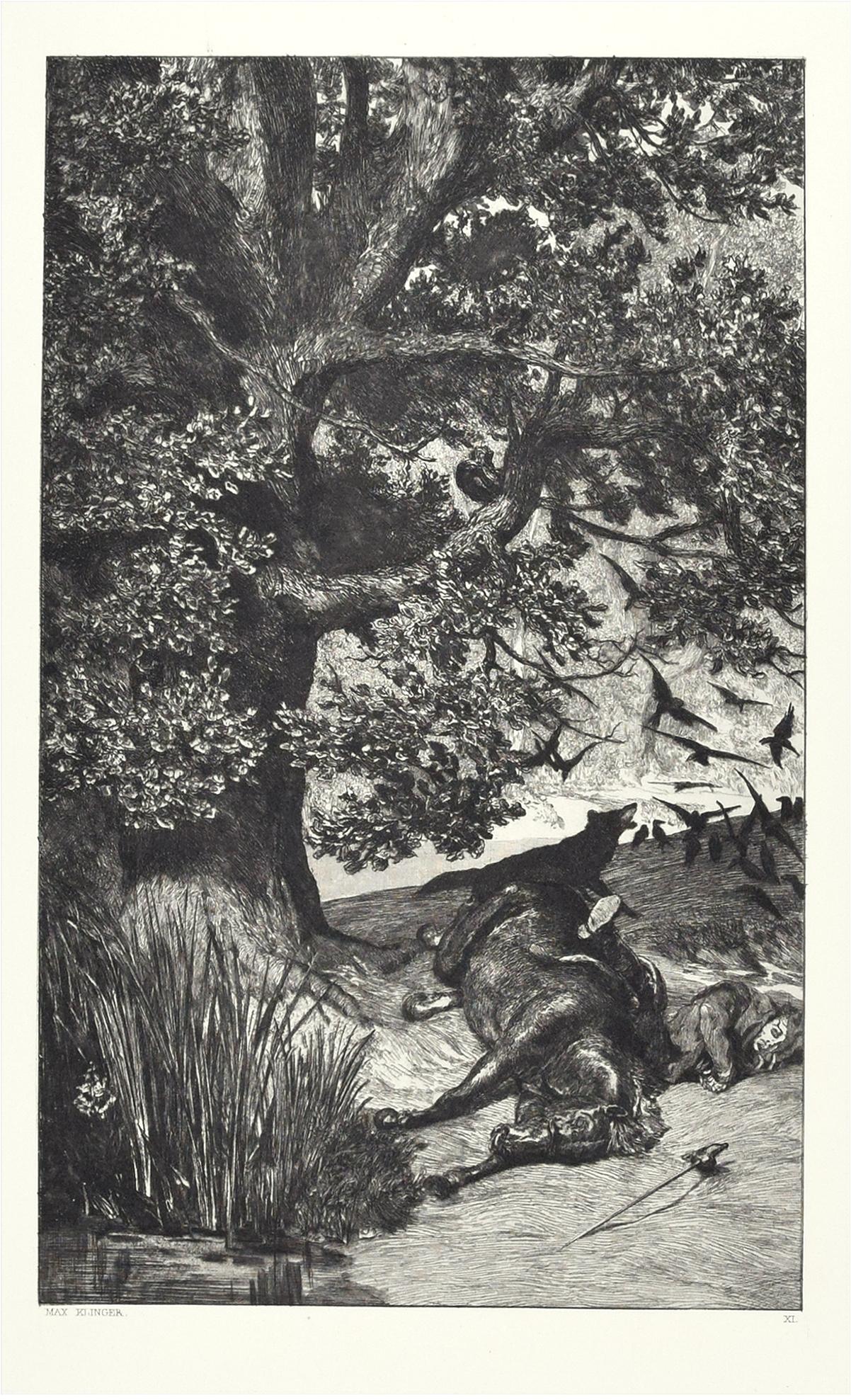 Fallen Knight -  Etching by M. Klinger - 1881
