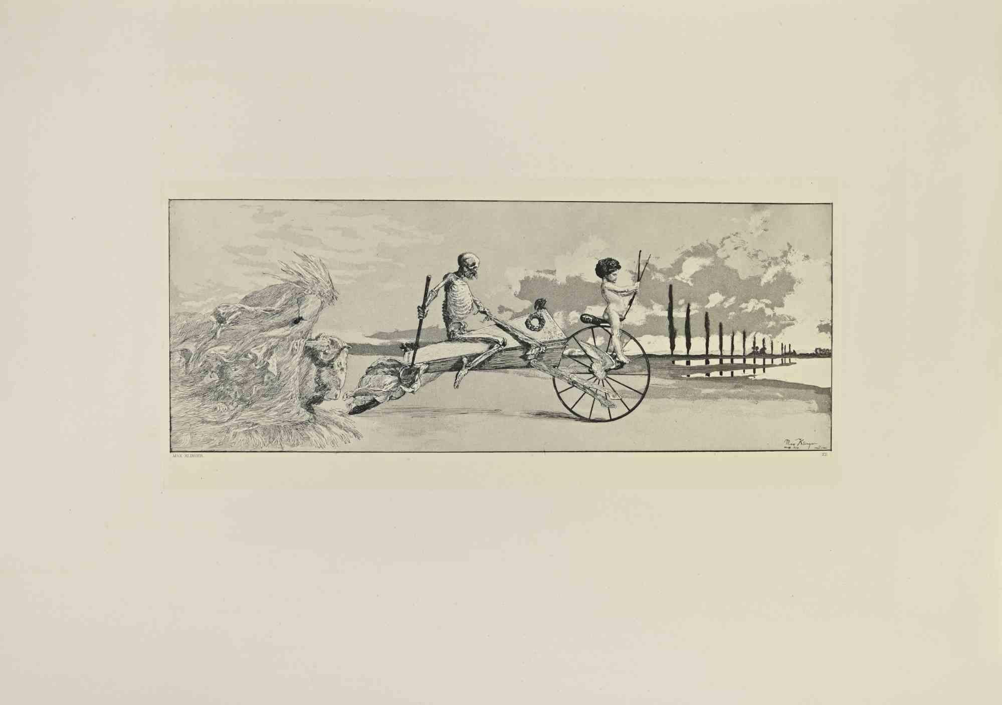 Running Death from Intermezzi belongs to a series of prints called Intermezzi realized by Max Klinger, published by Nurnberg: Stroefer, 1881.

Etching on paper.

Signed and dated on the plate

Good conditions.

Dedicated to the engraver and art