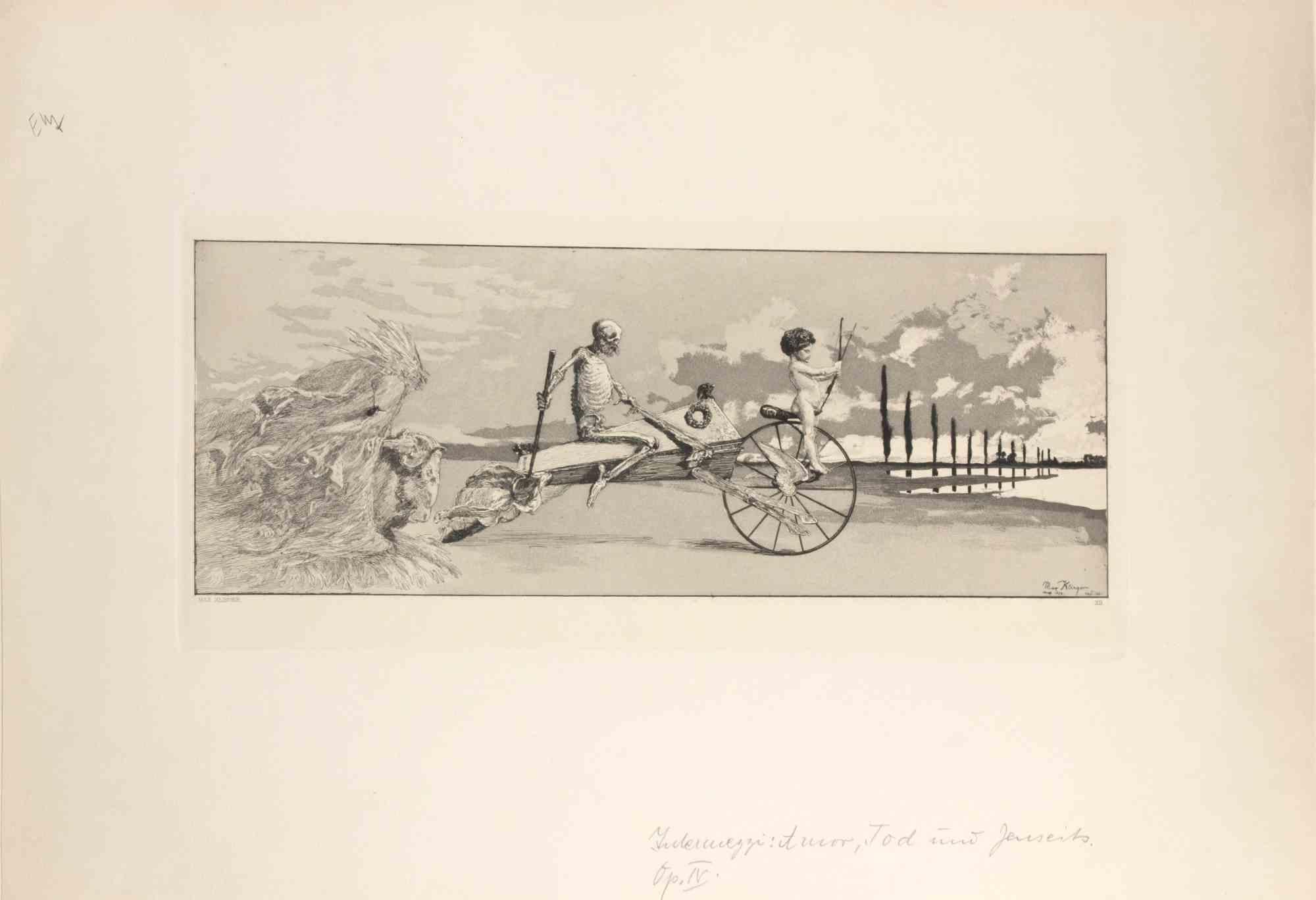 Love, Death and the Beyond is a original modern artwork realized by Max Klinger in 1881.

The artwork belongs to a series of prints called Intermezzi realized by Max Klinger, published by Nurnberg: Stroefer, 1881.

Etching in paper.

Signed and