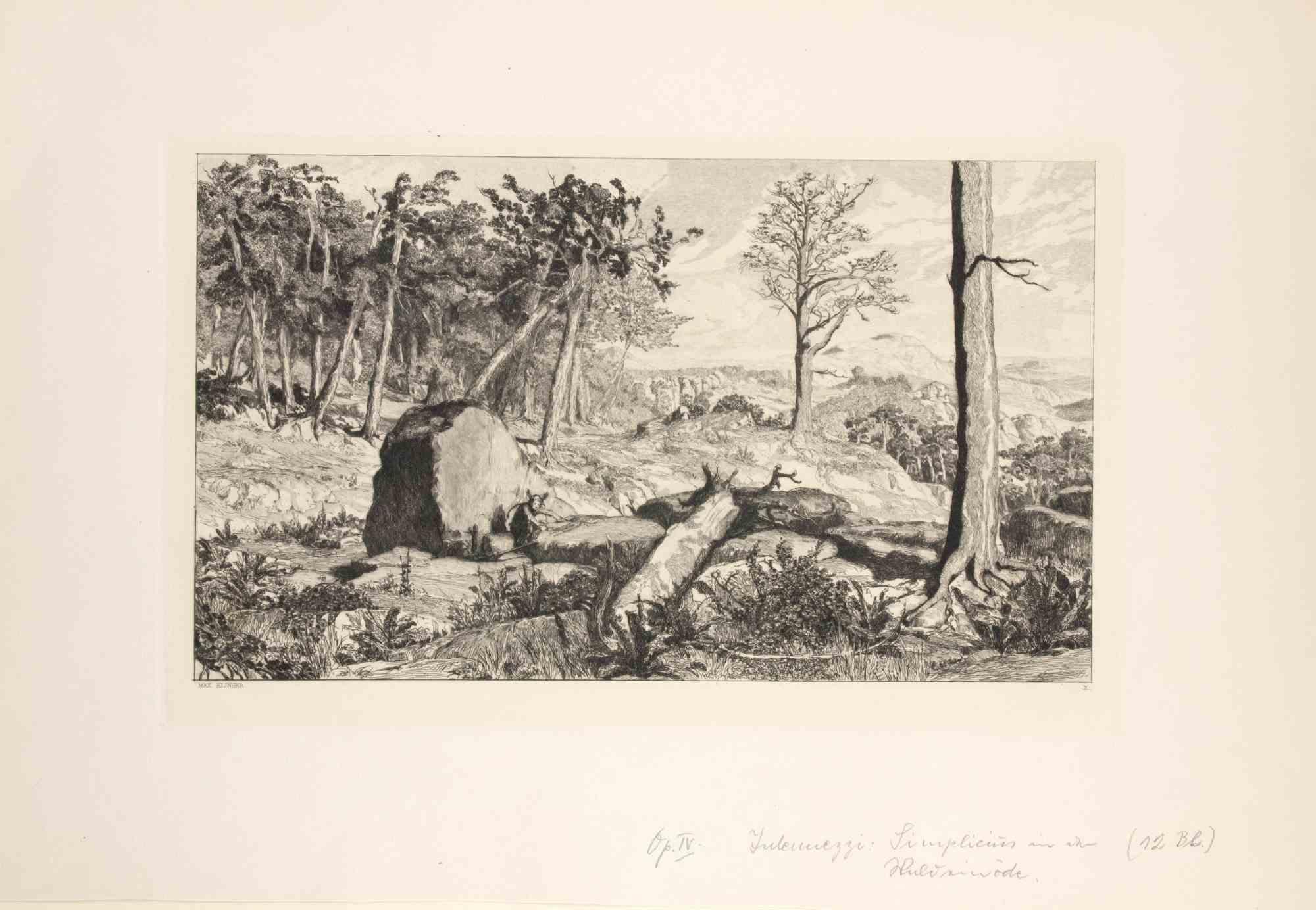 Opus IV, Simplicius in der Waldeinode - Etching by Max Klinger - 1881 For Sale 1