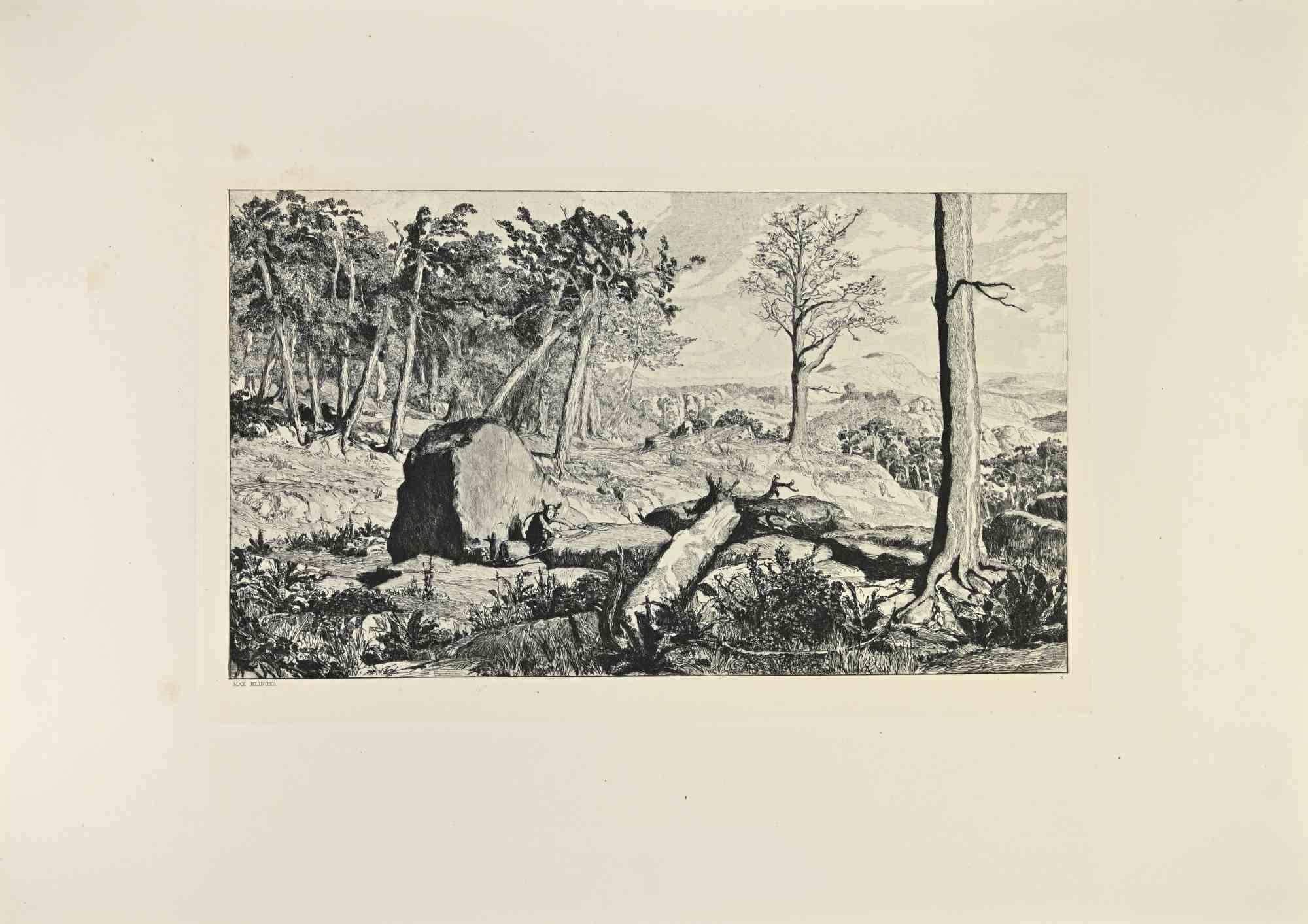 L'opus IV, Simplicius in der Waldeinode (Simplicius dans la nature sauvage) appartient à une série d'estampes appelées Intermezzi réalisées par Max Clinger, publiées par Nurnberg : Stroefer, 1881.

Gravure sur papier.

Signé sur la plaque

Bon état