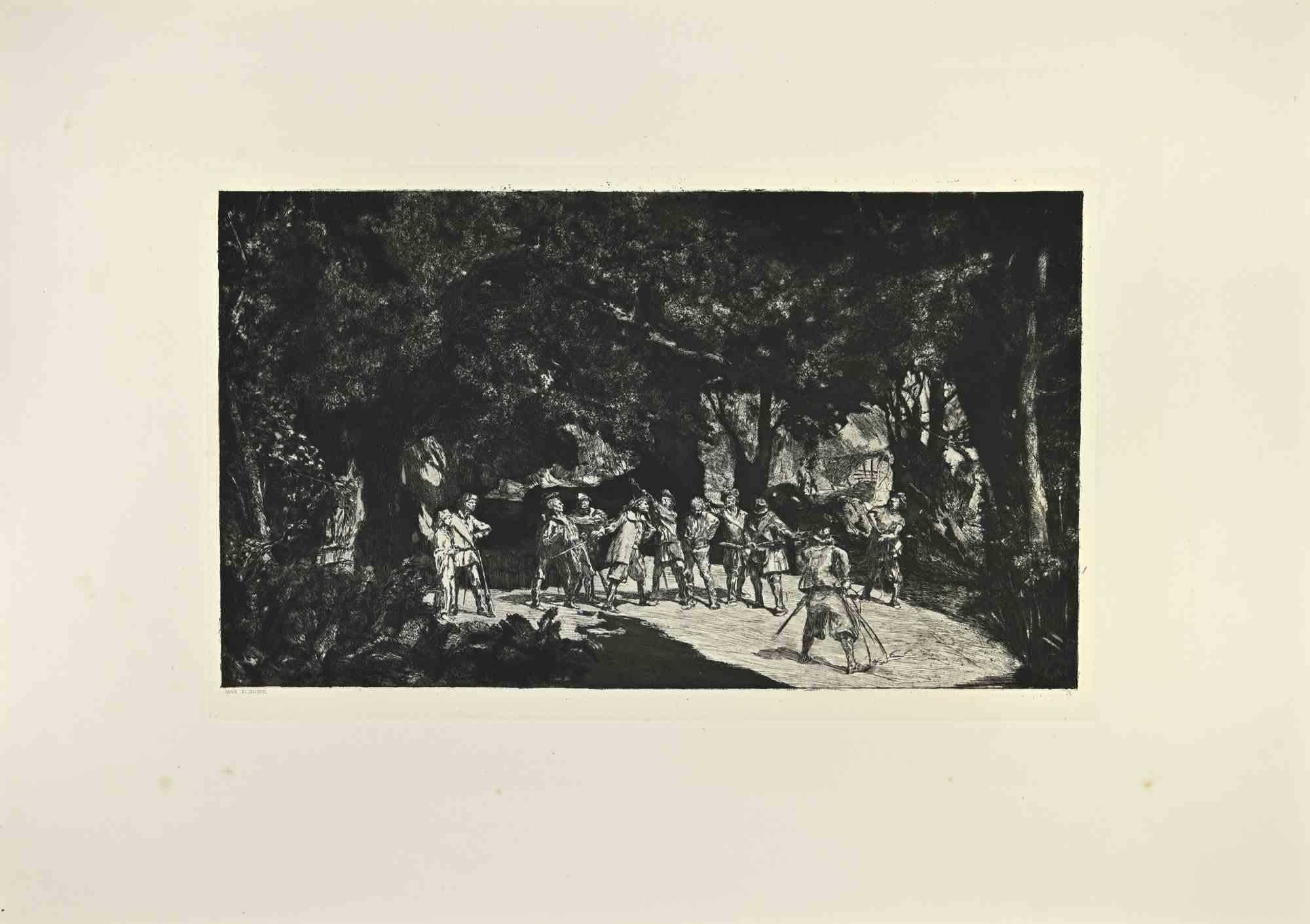 Opus IV Unter den Soldaten Rad pertenece a una serie de grabados llamados Intermezzi realizados por Max Klinger, publicados por Nurnberg: Stroefer, 1881.

Aguafuerte sobre papel.

Firmado en la placa

Buenas condiciones.

Dedicado al grabador y