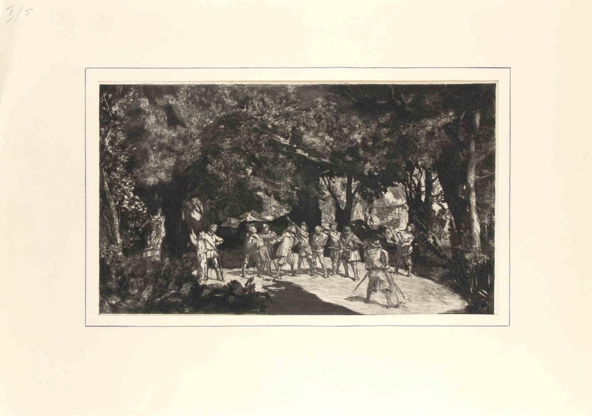 Opus IV Unter den Soldaten Rad pertenece a una serie de grabados llamados Intermezzi realizados por Max Klinger, publicados por Nurnberg: Stroefer, 1881.

Aguafuerte sobre papel.

Firmado en la placa

Buenas condiciones.

Dedicado al grabador y