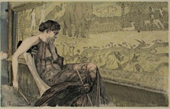 Antique "Penelope, " original color etching by Max Klinger