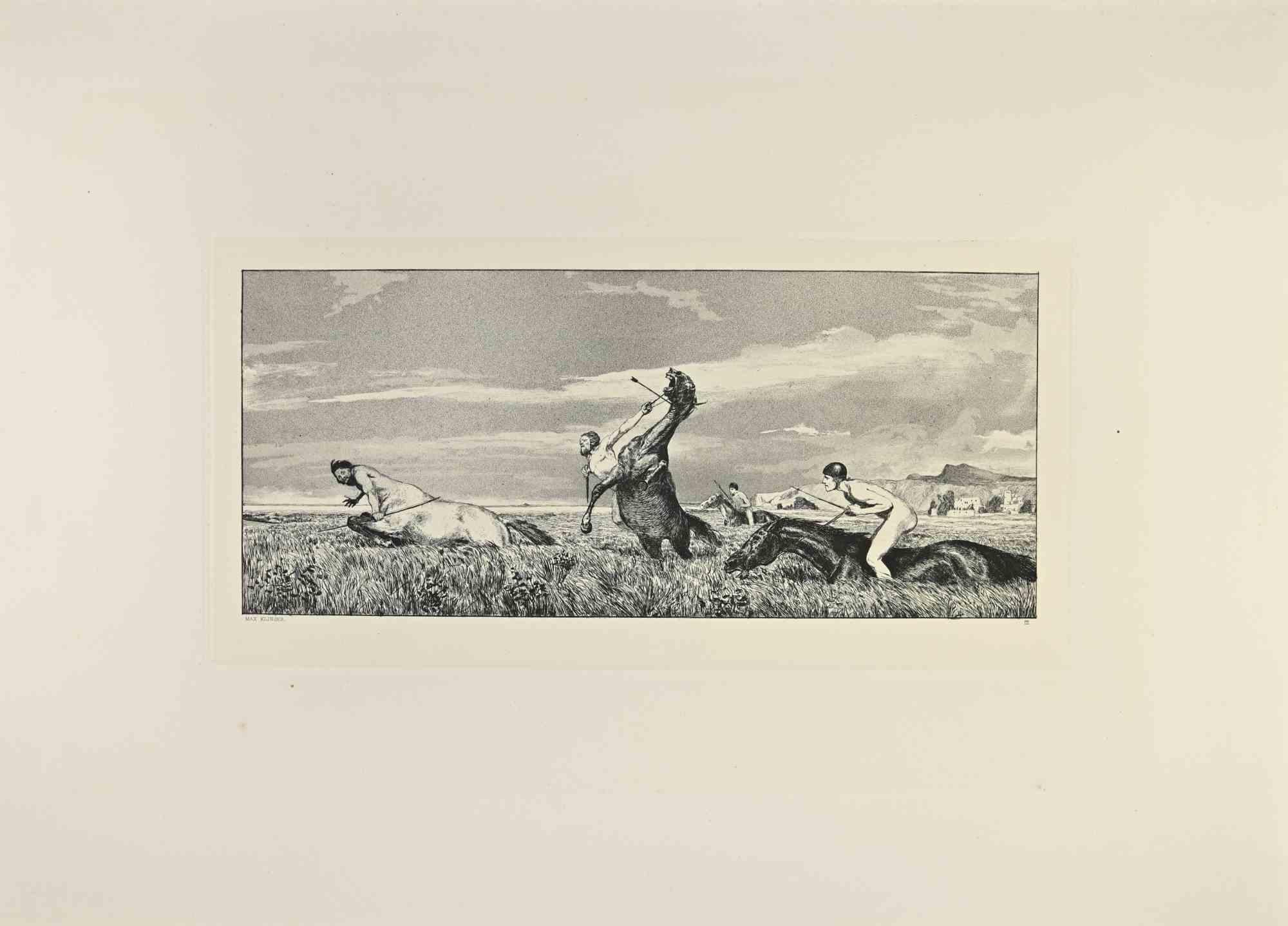 Pursued Centaur (Verfolgter Centaur) belongs to a series of prints called Intermezzi realized by Max Klinger, published by Nurnberg: Stroefer, 1881.

Etching on paper.

Signed on the plate

Good conditions.

Dedicated to the engraver and art dealer