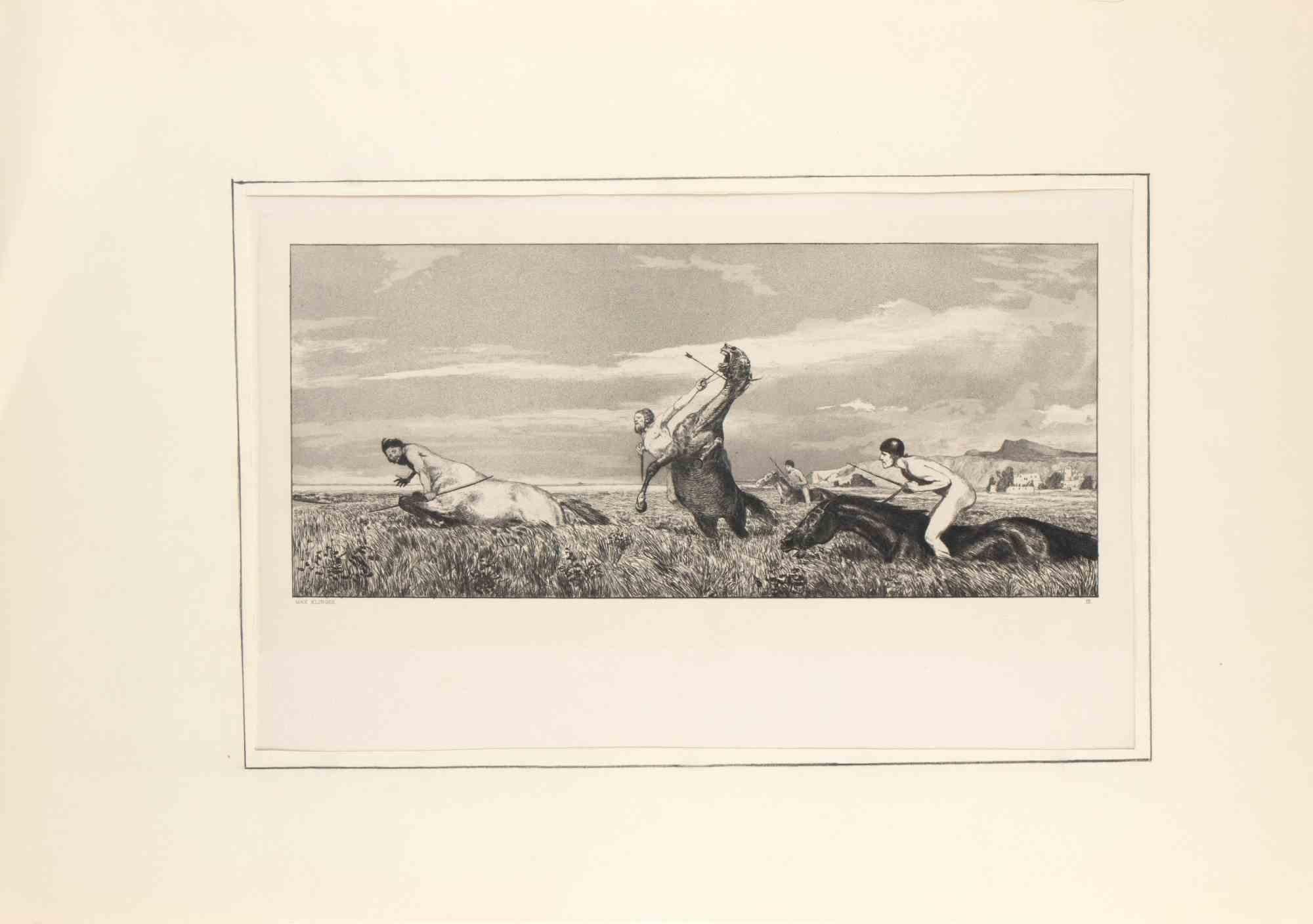 Pursued Centaur (Verfolgter Centaur) belongs to a series of prints called Intermezzi realized by Max Klinger, published by Nurnberg: Stroefer, 1881.

Etching on paper.

Signed in the plate

Good condition. 

Dedicated to the engraver and art dealer