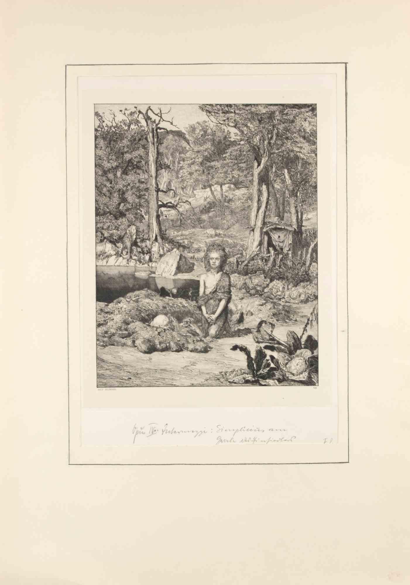 Simplicius at the Hermit's Grave- Simplicius am Grabe des Einsiedlers (plate VIII) belongs to a series of prints called Intermezzi realized by Max Klinger, published by Nurnberg: Stroefer, 1881.

Etching on paper.

Signed in the plate

Good