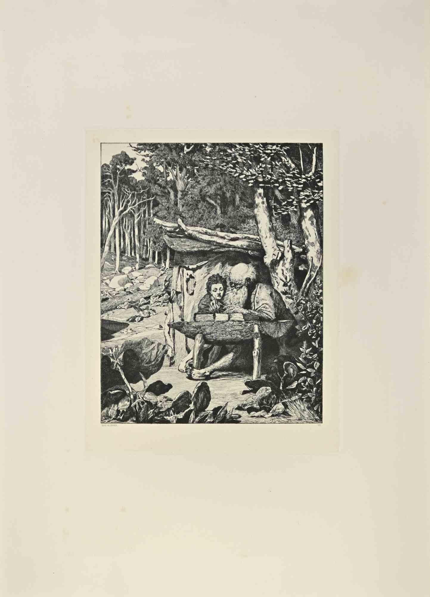 Simplicius' Writing Lesson (Simplici Schreibstunde) (plate VII) belongs to a series of prints called Intermezzi realized by Max Klinger, published by Nurnberg: Stroefer, 1881.

Etching on paper.

Signed on the plate

Good conditions.

Dedicated to