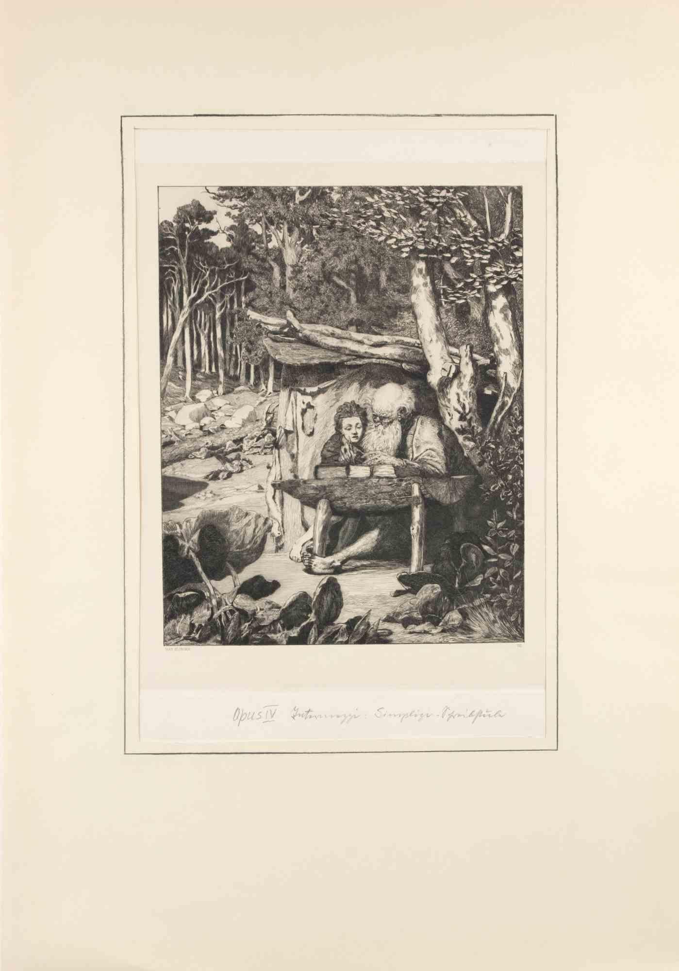 Simplicius' Writing Lesson (Simplici Schreibstunde) (plate VII) belongs to a series of prints called Intermezzi realized by Max Klinger, published by Nurnberg: Stroefer, 1881.

Etching on paper.

Signed in the plate

Good condition. 

Dedicated to