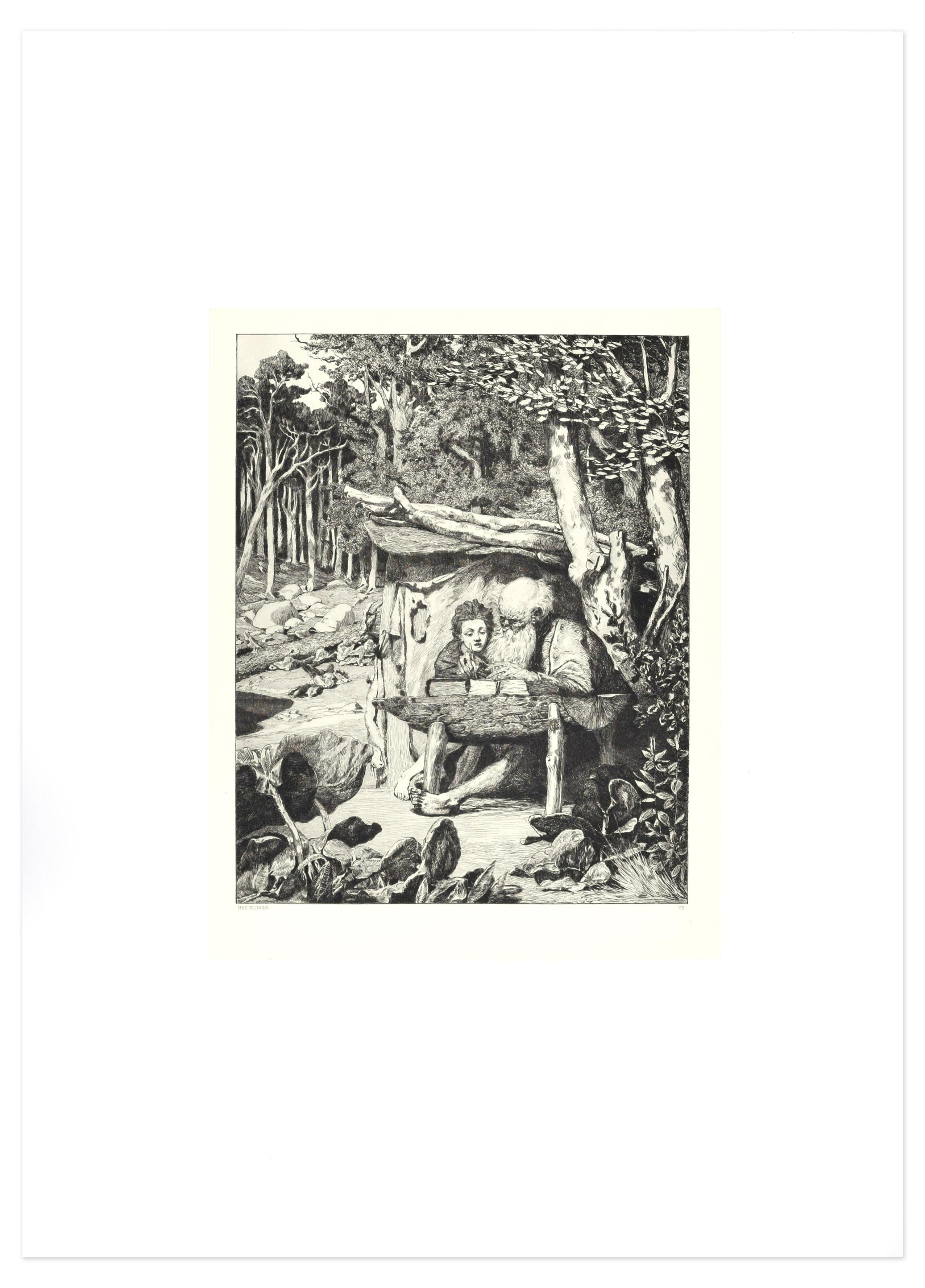 Einfaches Schreiblesebuch – Original-Radierung von M. Klinger – 1881 – Print von Max Klinger