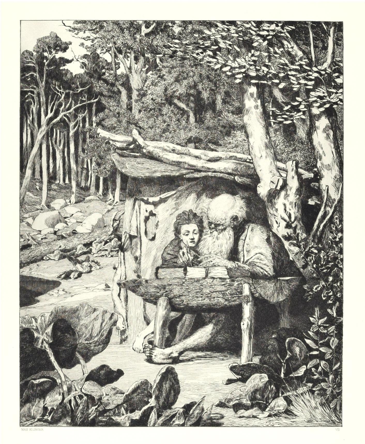 Simplicius Writing Lesson - Original Etching by M. Klinger - 1881