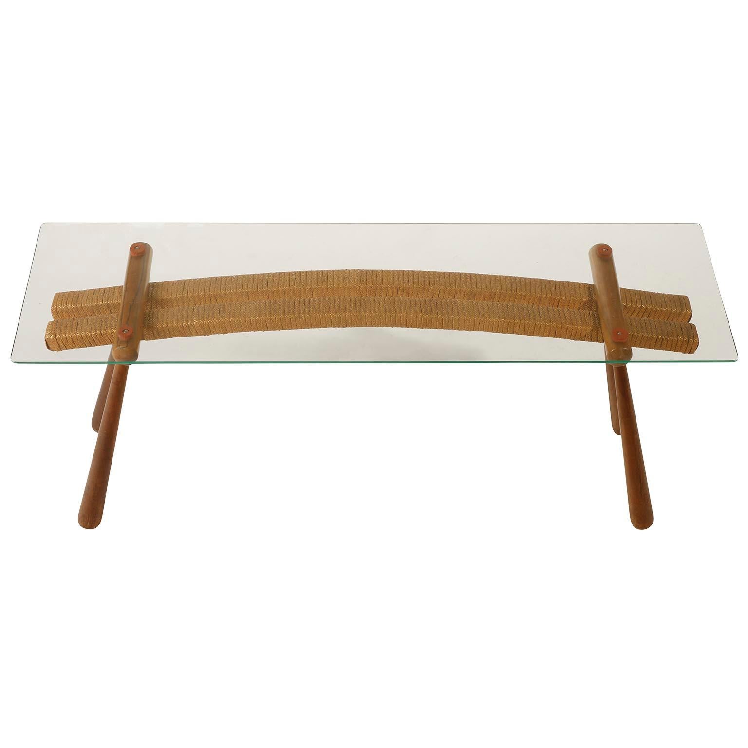 Mid-Century Modern Max Kment Coffee Side Table, Clear Glass Wood Cord, Austria, 1950s For Sale