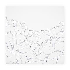 "Boulders" Contemporary Dark Blue & White Abstract Foliage Landscape Painting
