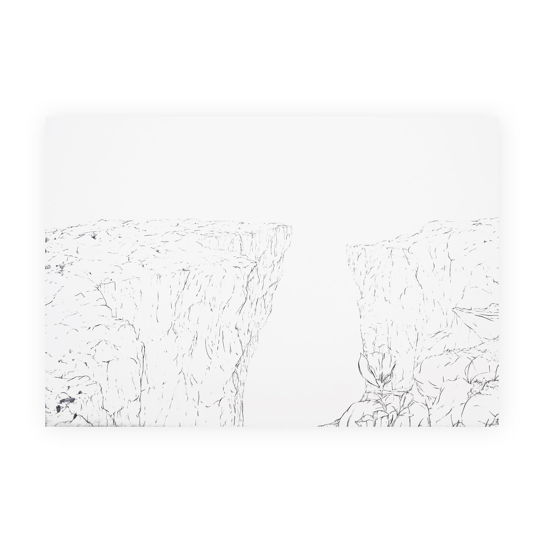 Zeitgenössisches abstraktes Landschaftsgemälde „Canyon“ in Dunkelgrau und Weiß mit Laub – Painting von Max Kremer