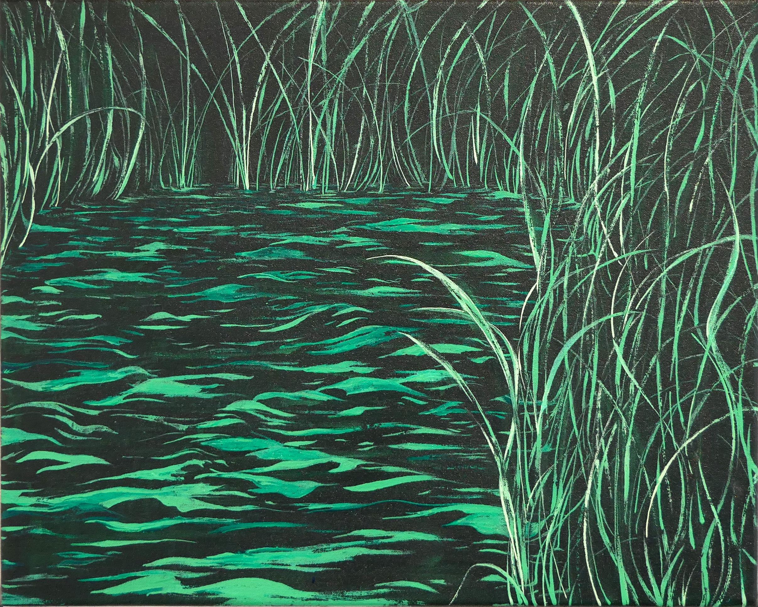 Max Kremer Landscape Painting - "Marsh" Contemporary Colorful Green and Black Geometric Abstract Landscape