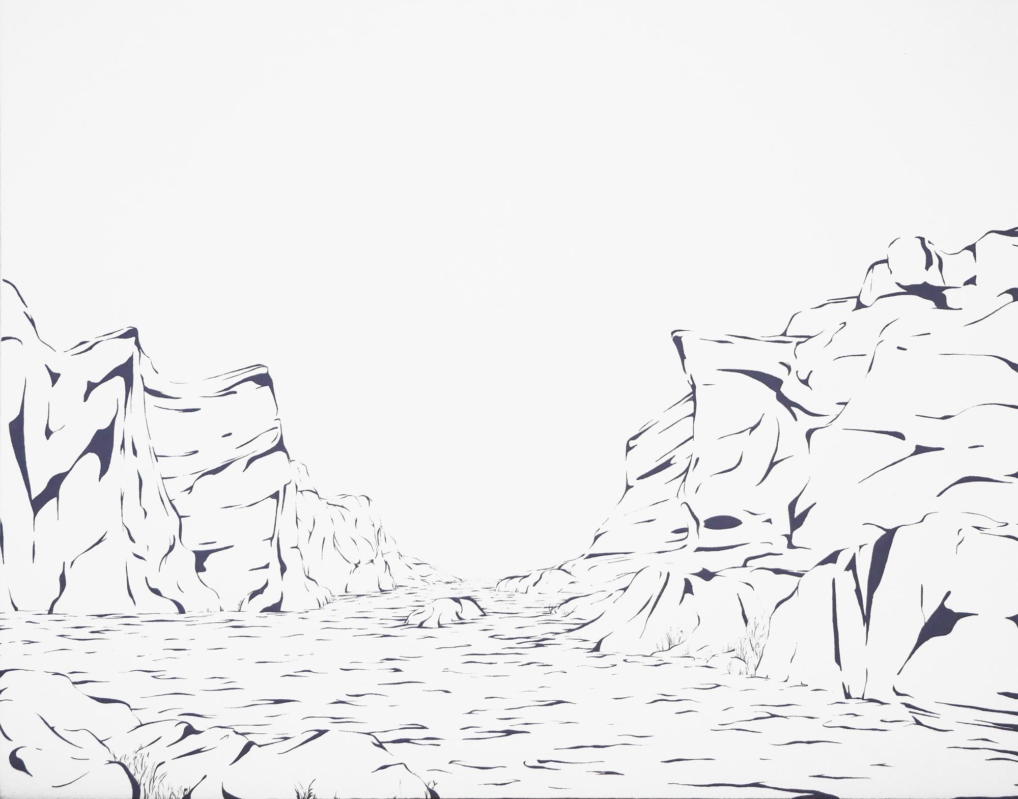 Landscape Painting de Max Kremer - "Meandro" Pintura contemporánea gris y blanca de paisaje abstracto con follaje