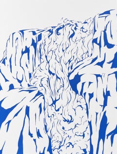 "Waterfall II" Peinture contemporaine de paysage de montagne abstrait bleu et blanc