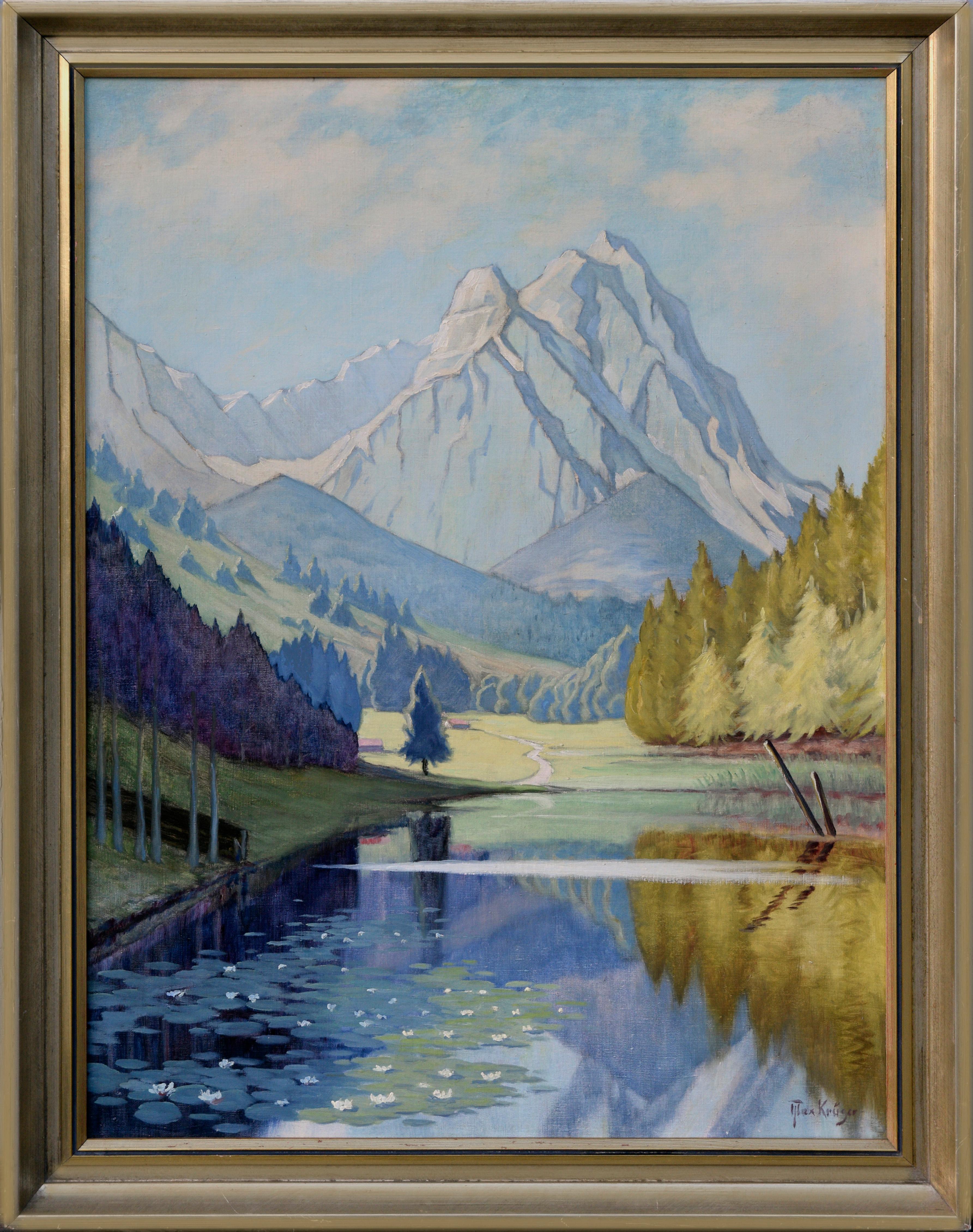 Superbe paysage impressionniste allemand du milieu du siècle représentant le lac Riessersee, réalisé par l'artiste allemand classé Max Kruger (Allemagne, né en 1900), vers les années 1940. De majestueuses montagnes enneigées surplombent le lac