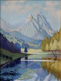 Paysage de lac de montagne allemand du milieu du siècle, Riessersee en Bavière, par Max Kruger