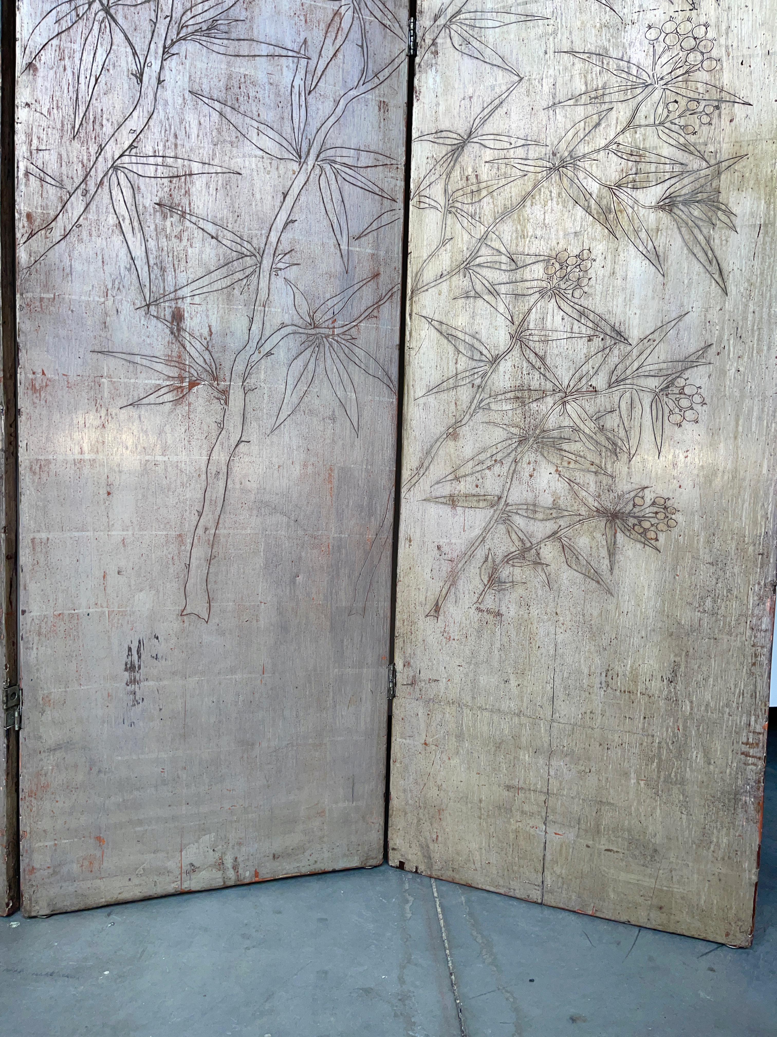American Max Kuehne Four Panel Double Sided Floor Screen, Signed For Sale