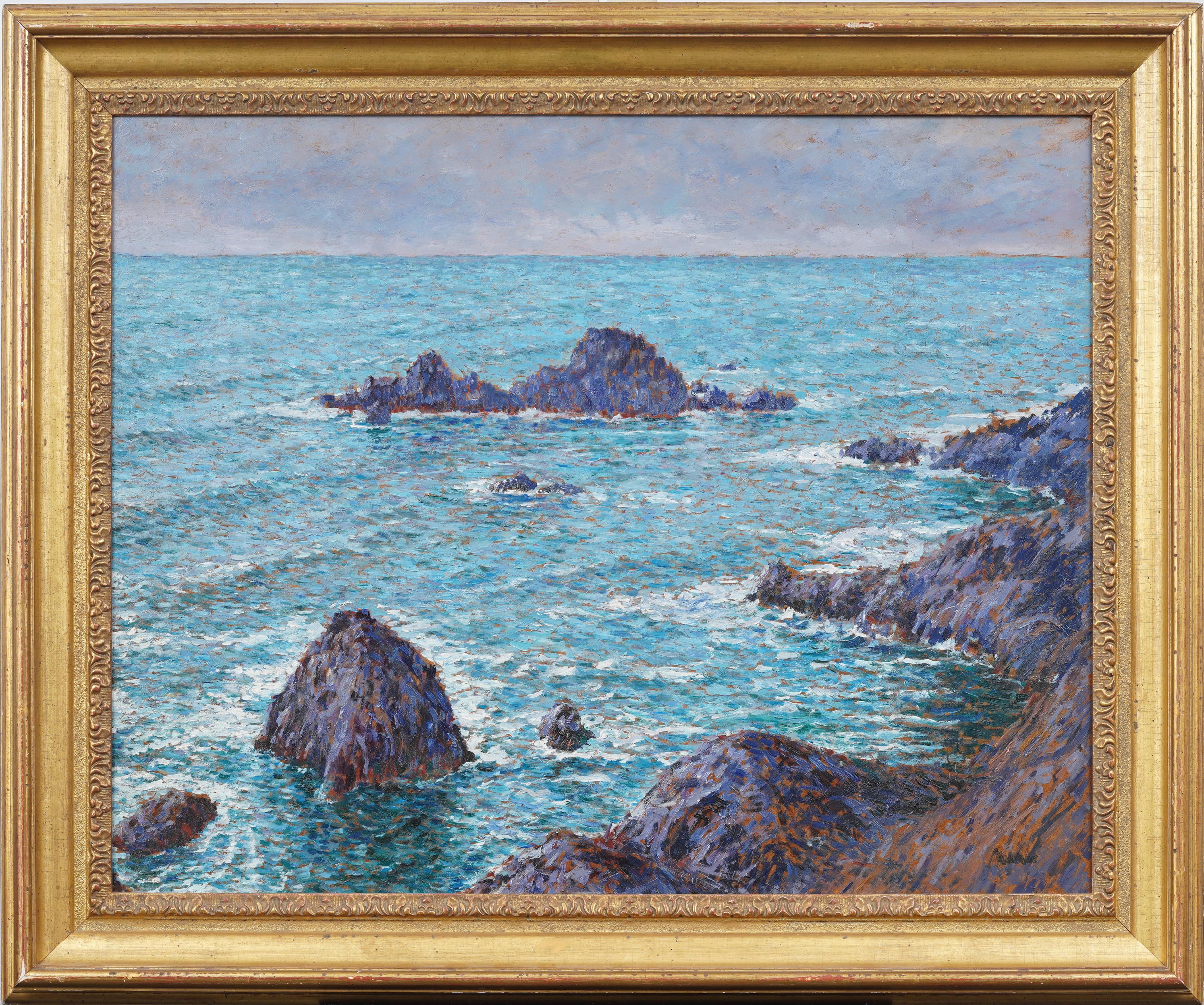 Antique American Impressionist Summer Seascape Signed Framed Large Oil Painting - Gray Landscape Painting by Max Kuehne