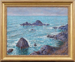 Antique American Impressionist Summer Seascape Signed Framed Large Oil Painting