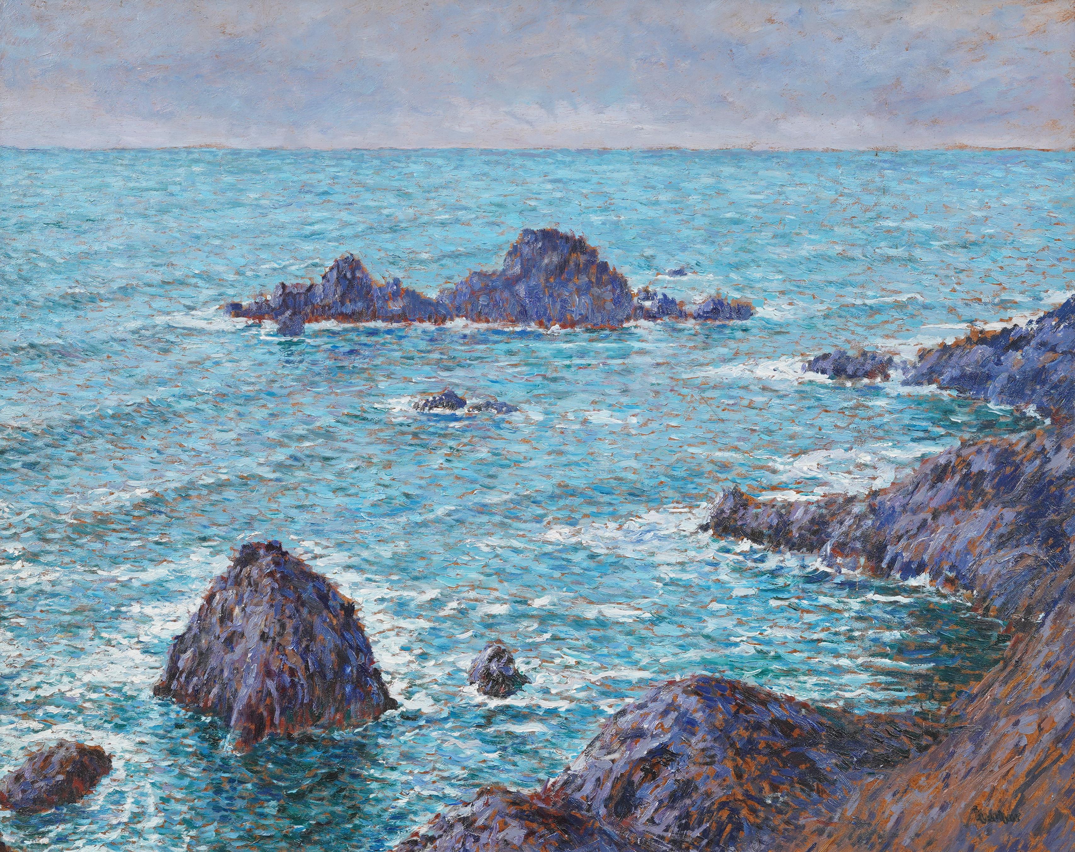 Antique American impressionist Max Kuehne (1880 - 1968) seascape oil painting. Oil on board.   Framed.  Signed.  In excellent original condition. Handsomely framed in a  giltwood molding.  Excellent condition, ready to hang and enjoy. 
