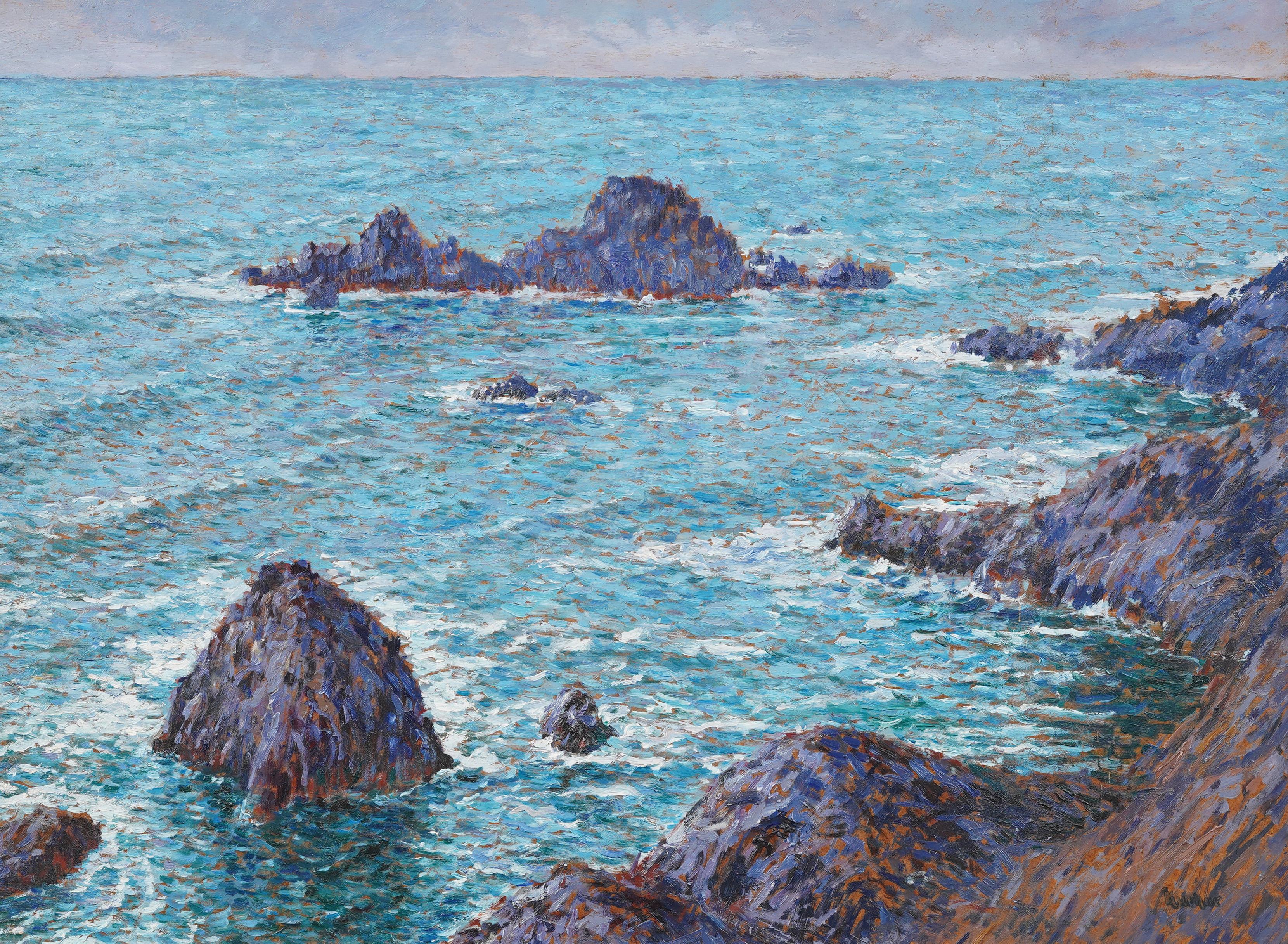 Antique American Impressionist Summer Seascape Signed Framed Large Oil Painting For Sale 1