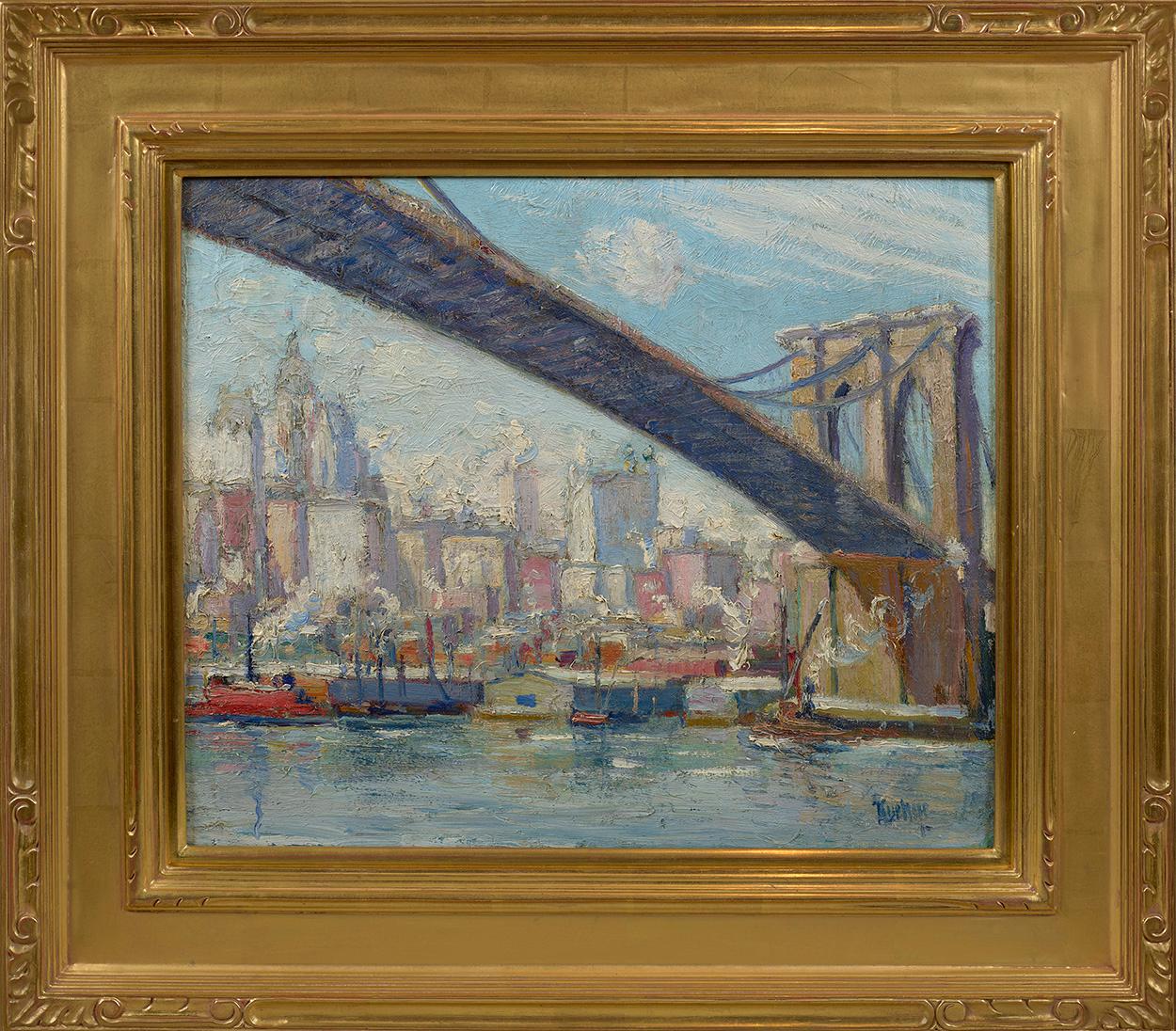 Max Kuehne paints a view of The Brooklyn Bridge from below, while boats traverse the river underneath and the New York skyline rises across the water in his oil painting, “Brooklyn Bridge, 1911.” 