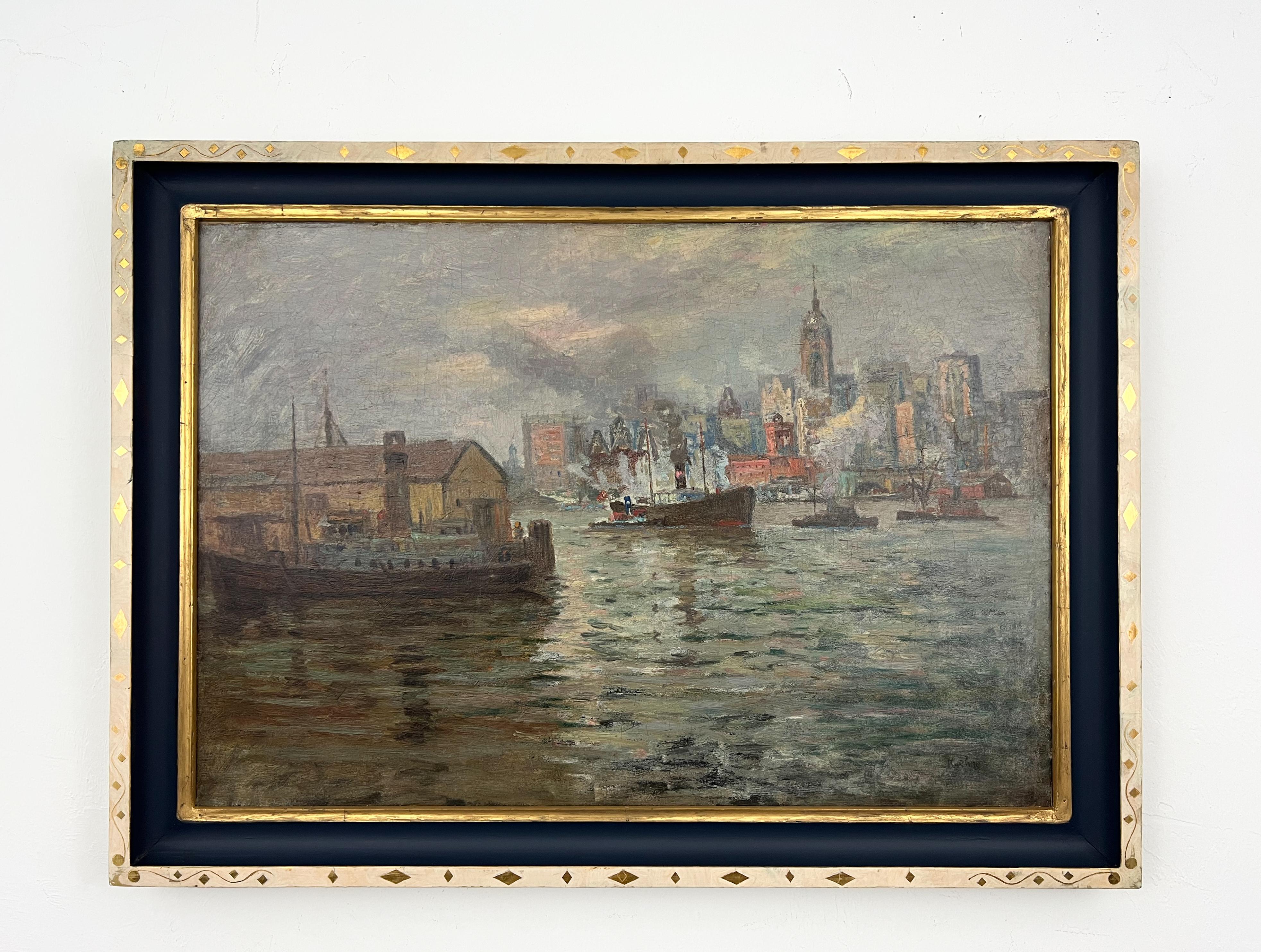 Puente de Brooklyn entre las nubes-Pintura al óleo original de Nueva York del siglo XX - Painting de Max Kuehne