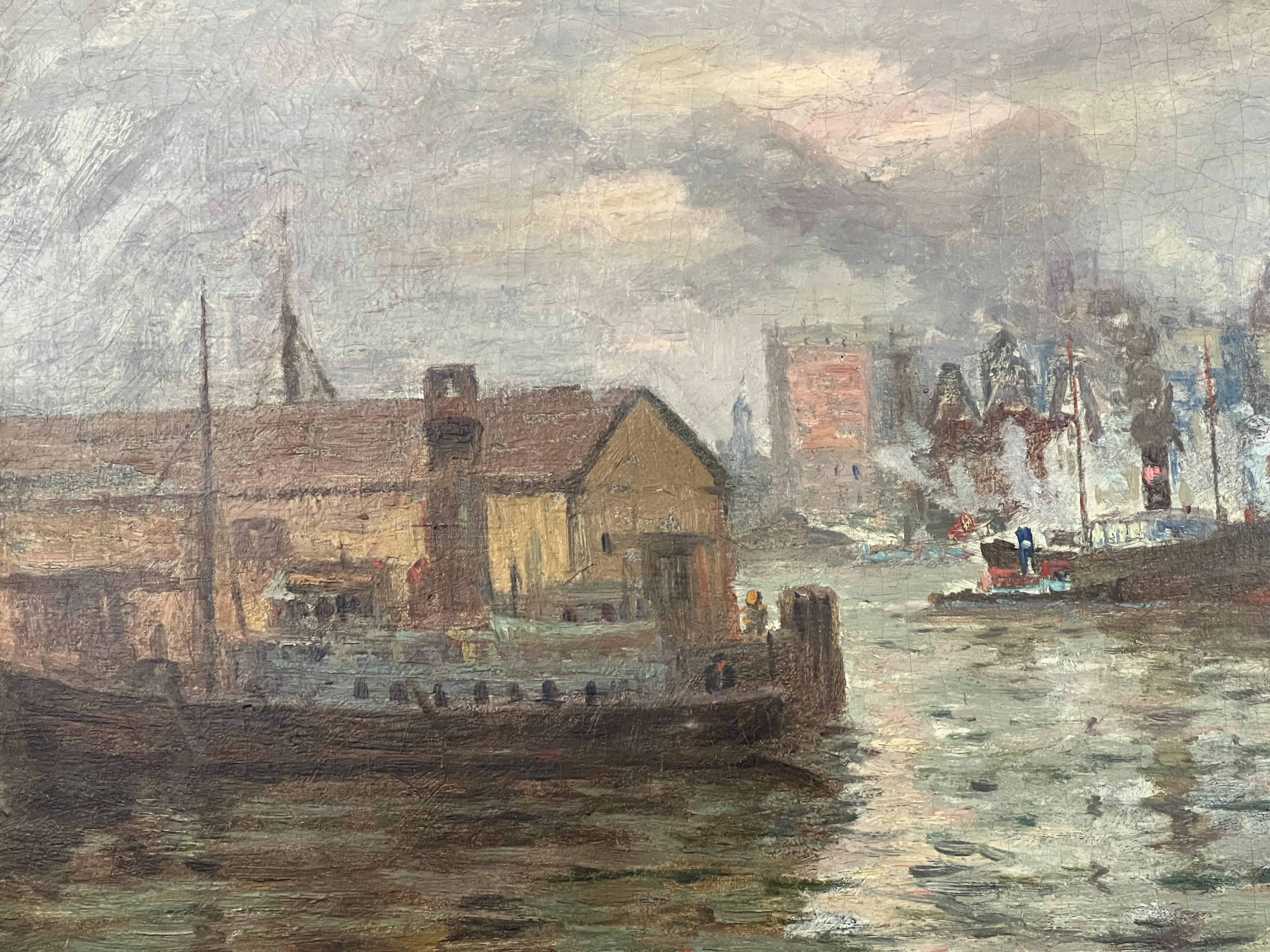 Puente de Brooklyn entre las nubes-Pintura al óleo original de Nueva York del siglo XX - Painting impresionista estadounidense de Max Kuehne