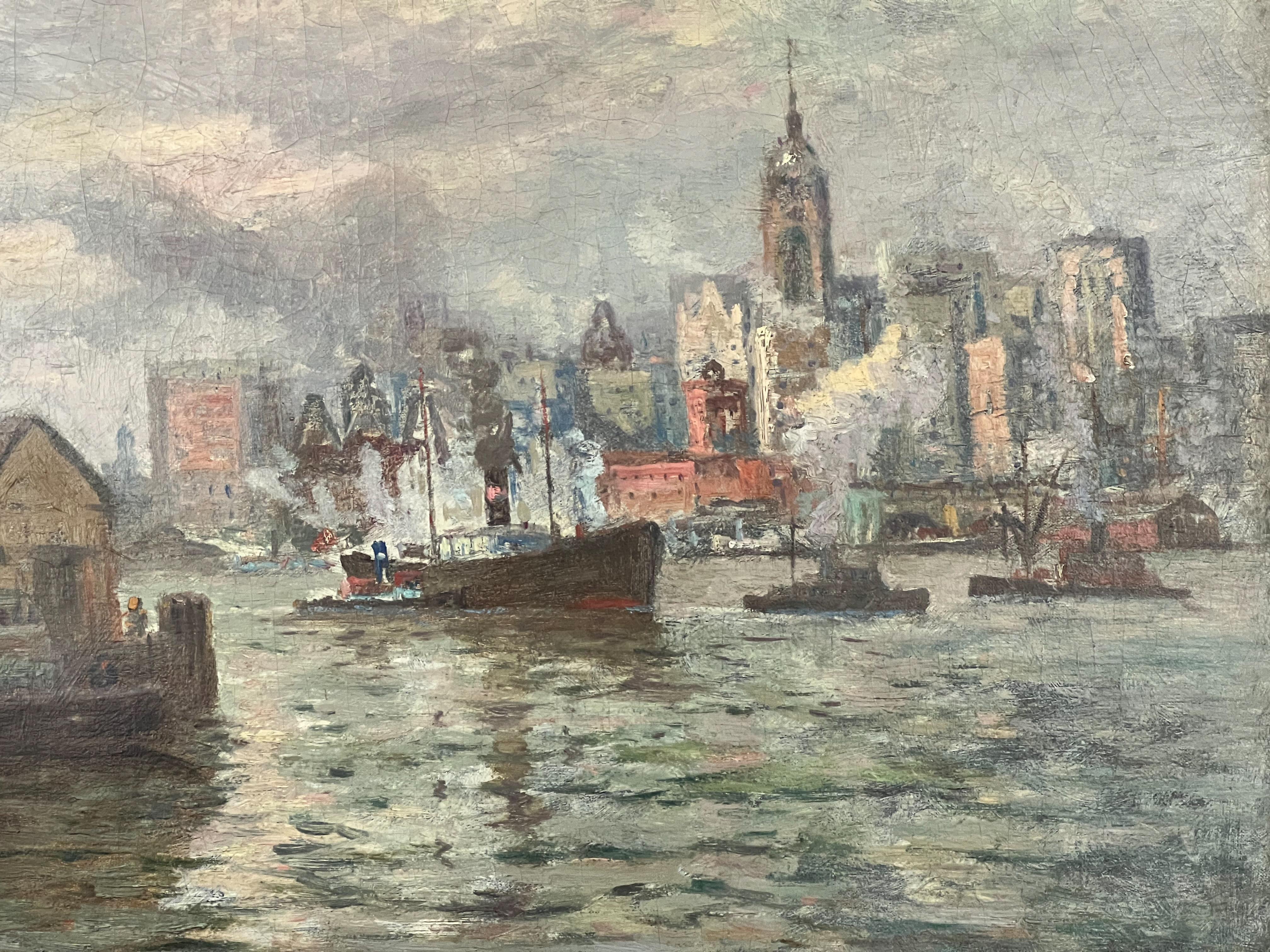 Puente de Brooklyn entre las nubes-Pintura al óleo original de Nueva York del siglo XX - Landscape Painting Gris de Max Kuehne