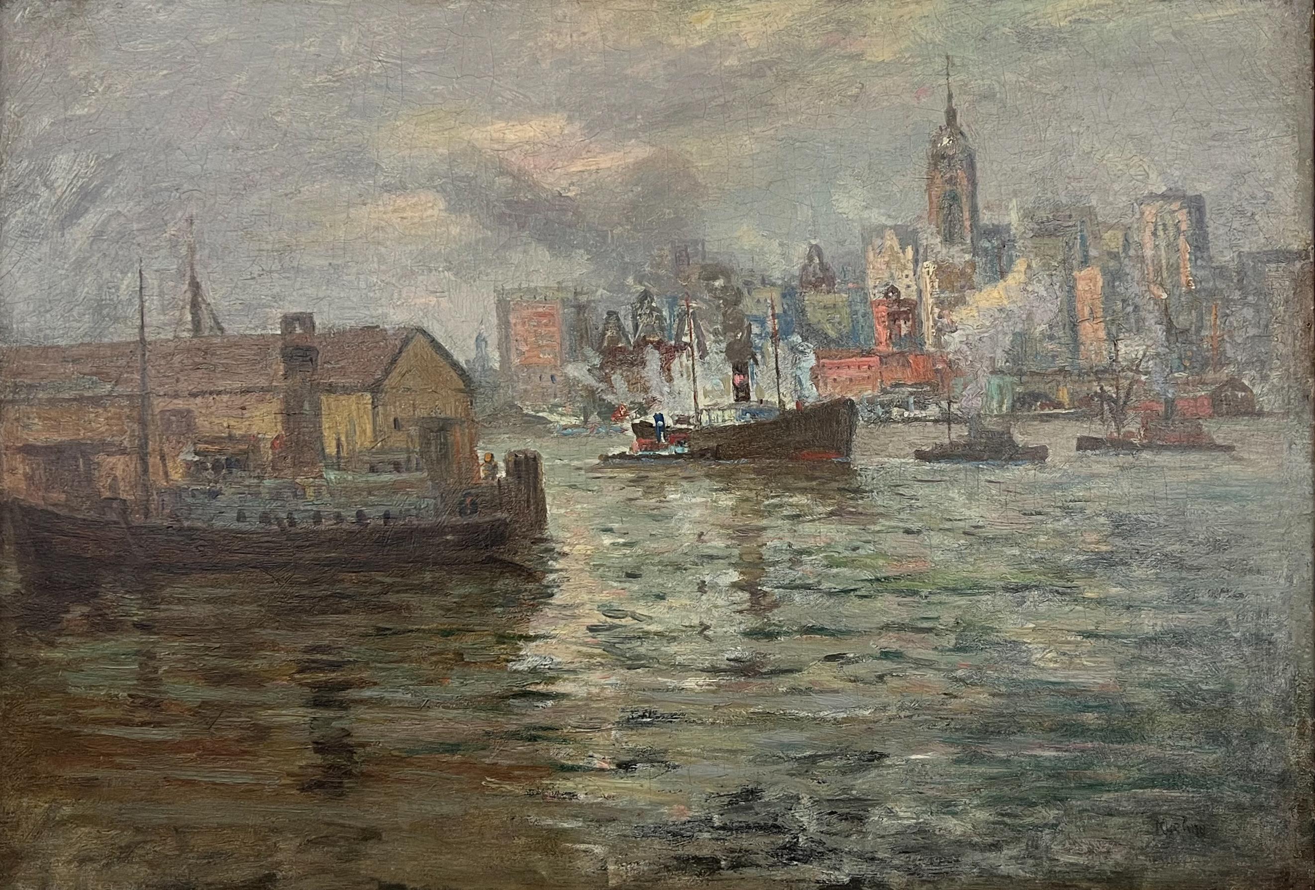 Puente de Brooklyn entre las nubes-Pintura al óleo original de Nueva York del siglo XX en venta 1