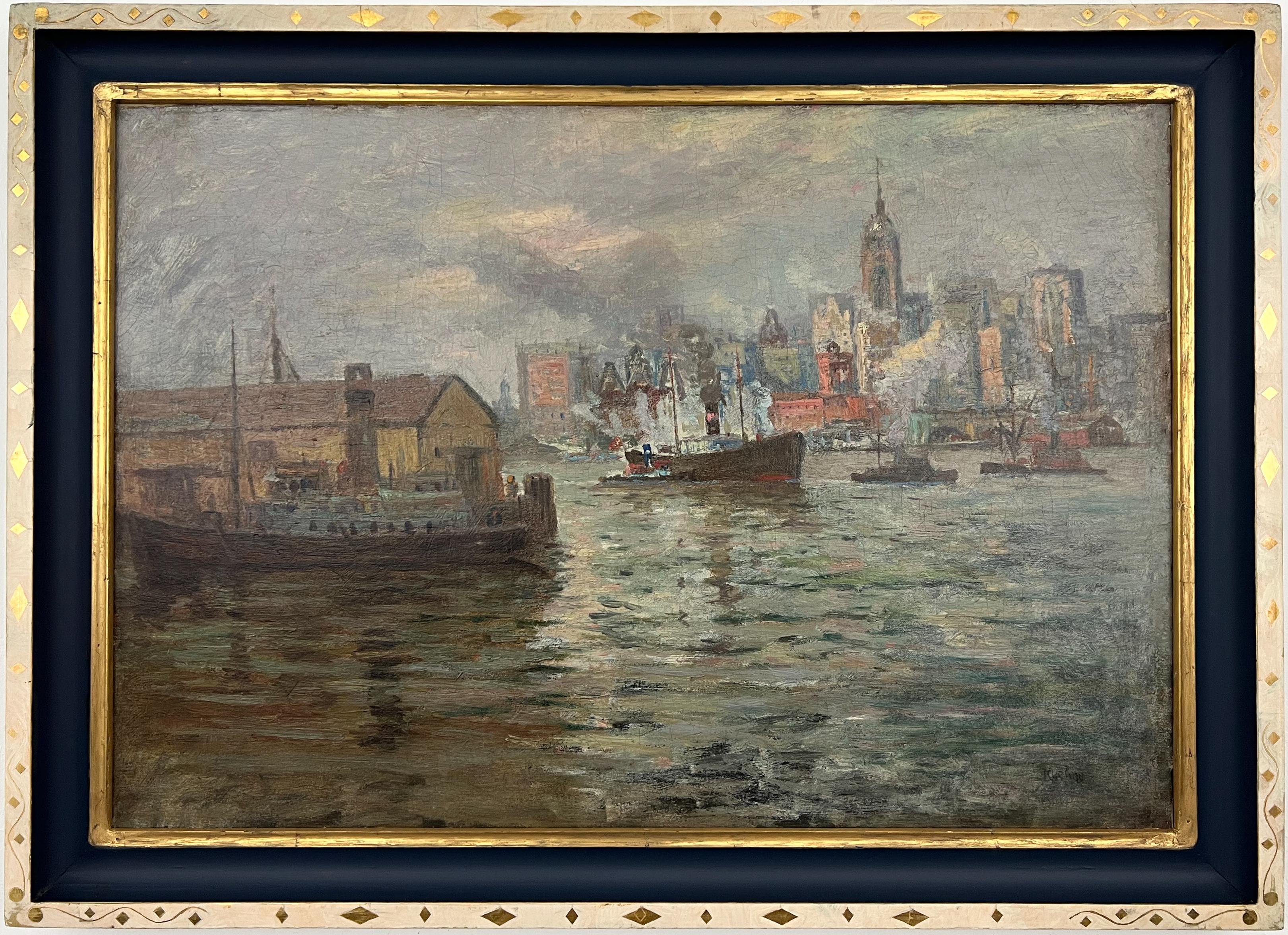 Landscape Painting de Max Kuehne - Puente de Brooklyn entre las nubes-Pintura al óleo original de Nueva York del siglo XX