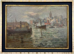 Puente de Brooklyn entre las nubes-Pintura al óleo original de Nueva York del siglo XX