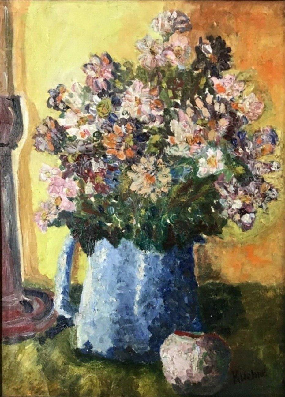 Max Kuehne Interior Painting - "Floral Still Life in a Blue Vase" American Impressionist