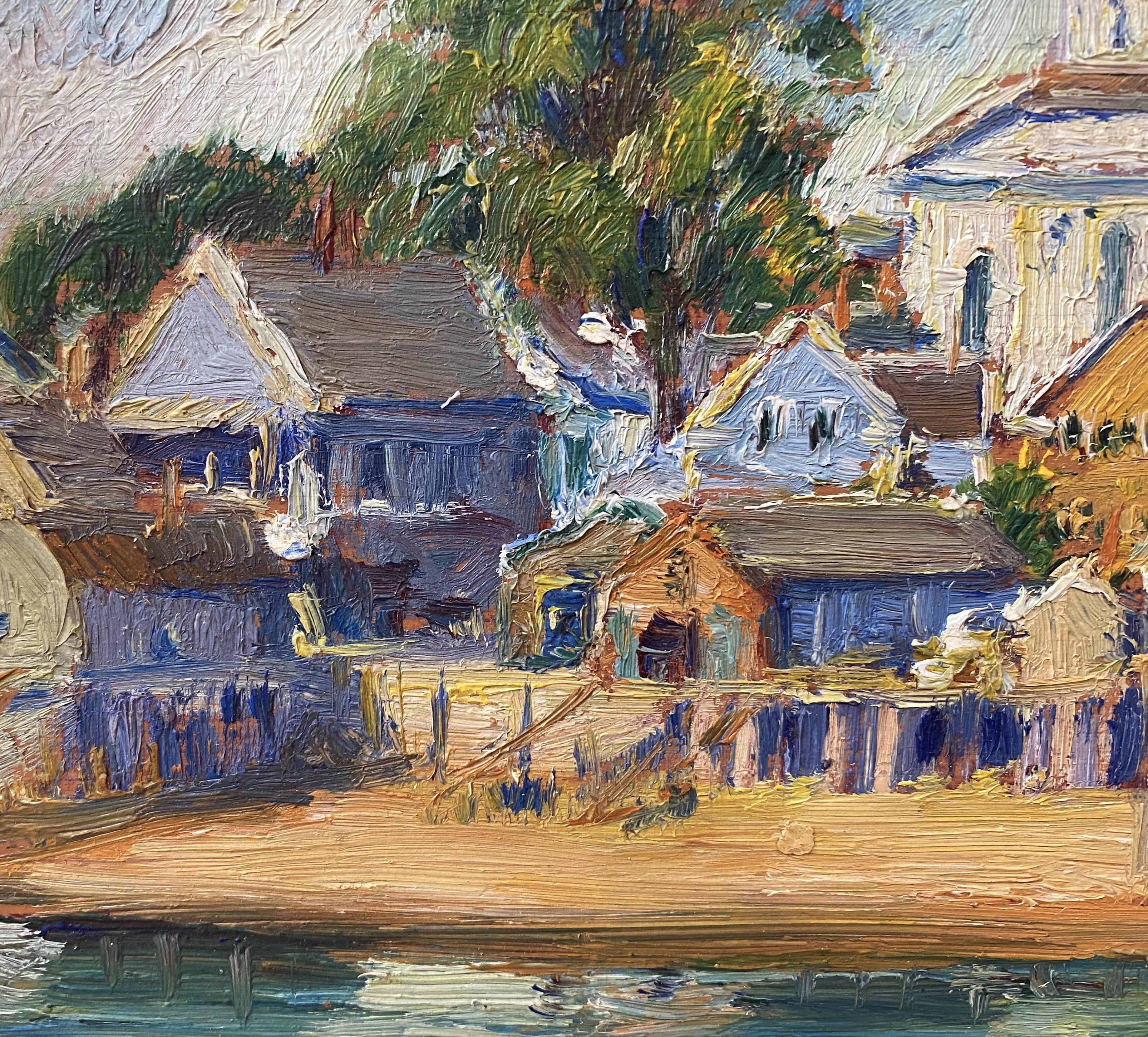  A colorful impressionist coastal oil painting of Provincetown by German / American artist Max Kuehne (1880-1968). Kuehne was born in Halle, Germany, and emigrated to Flushing, New York with his family during his adolescence. He studied under