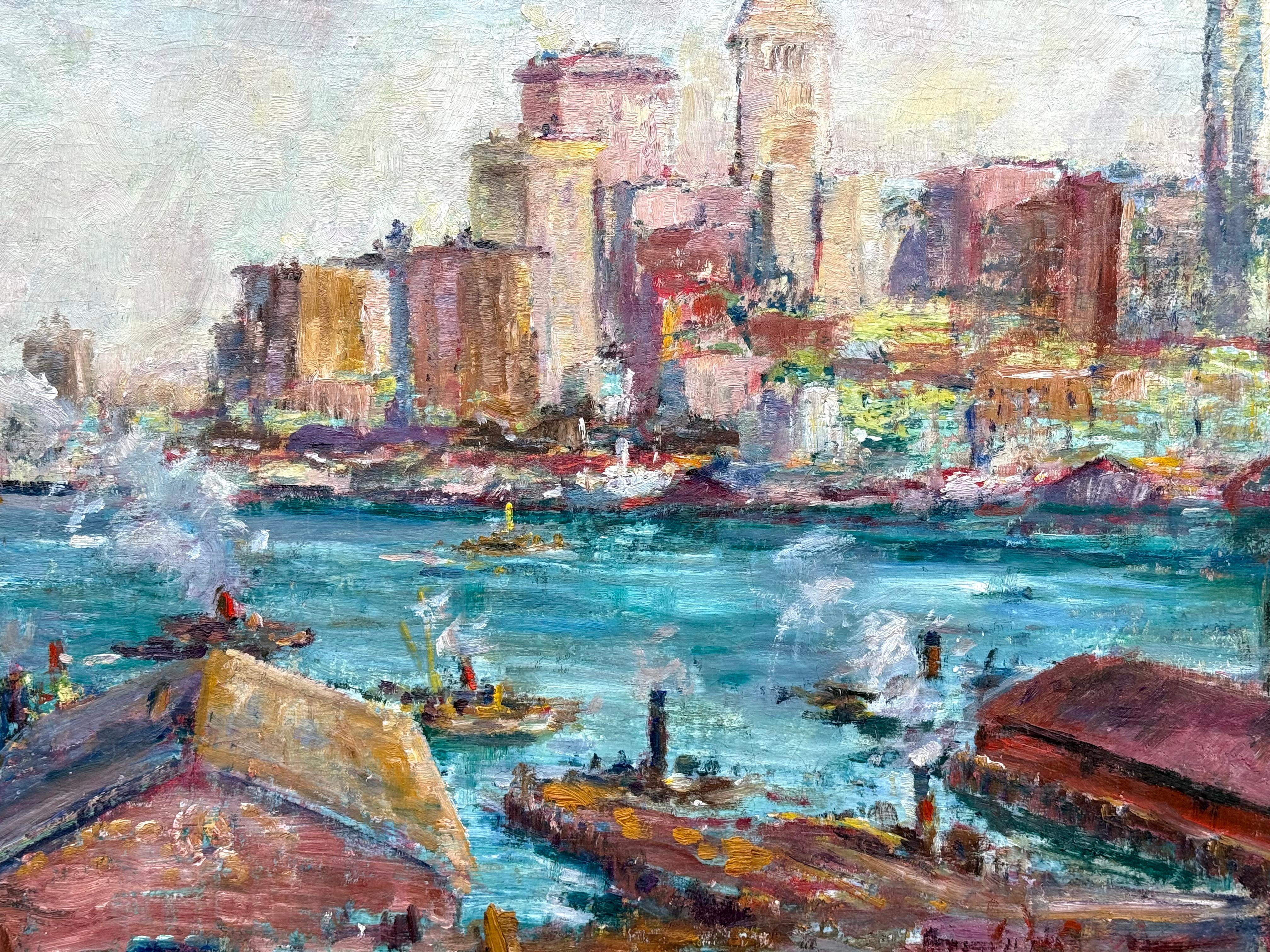 Peinture originale à l'huile sur lin posée sur un panneau de fibres original par l'artiste américain bien connu, Max Kuehne. Signé au crayon au verso en haut à gauche.  Vers 1928. L'état est très bon.  Le tableau représente une vue du front de mer