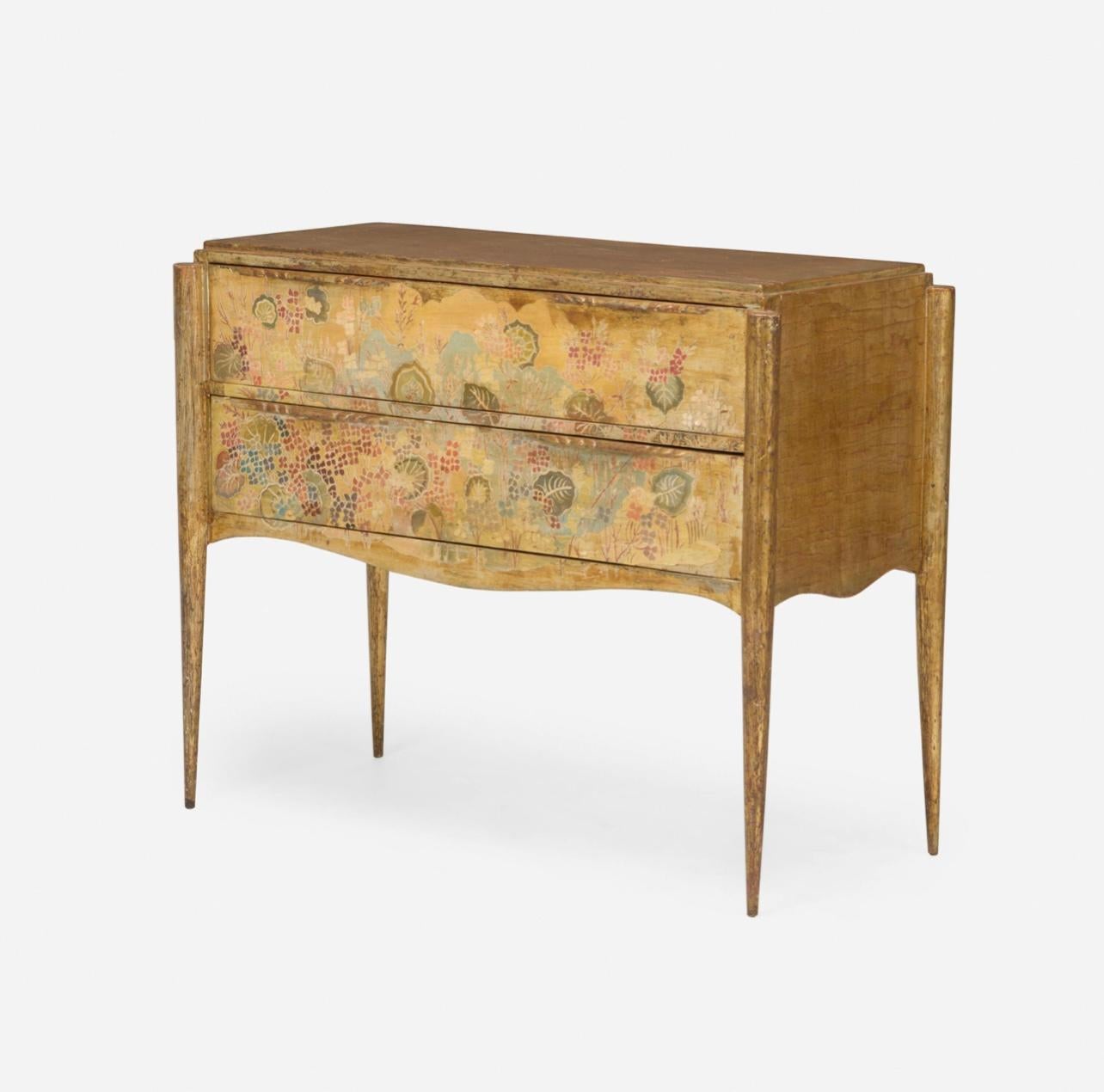 Mid-Century moderno Comò in foglia d'argento di Max Kuehne su gambe alte, con disegni floreali colorati, firmato in vendita