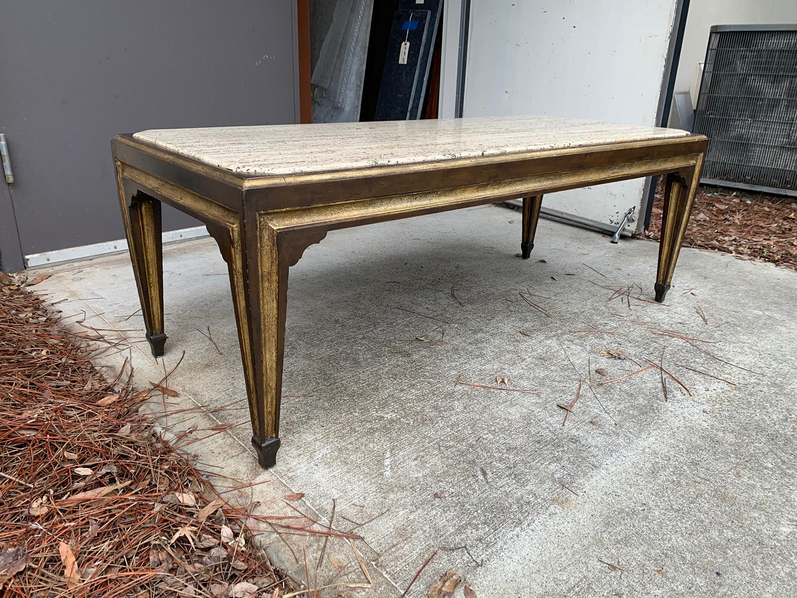 Max Kuehne Style Continental Gilt & Black Coffee Table, Inset Coquina Stone Top In Good Condition For Sale In Atlanta, GA
