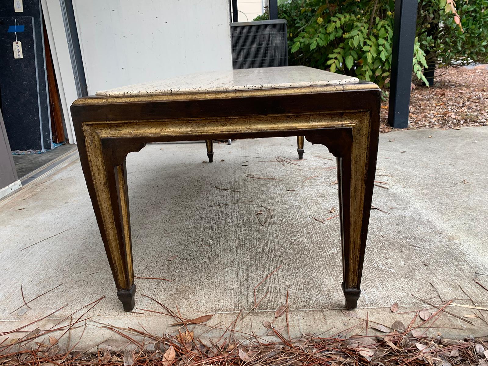 20th Century Max Kuehne Style Continental Gilt & Black Coffee Table, Inset Coquina Stone Top For Sale